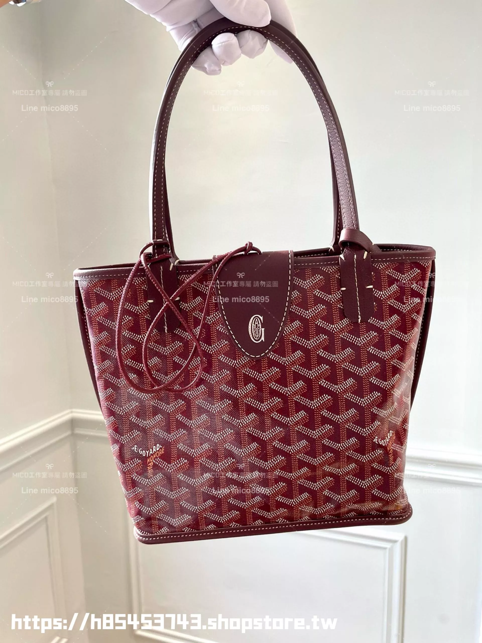 GOYARD 酒紅色雙面tote mini Anjou (附包釦) 帆布及皮革雙面可用迷你手提包 20cm