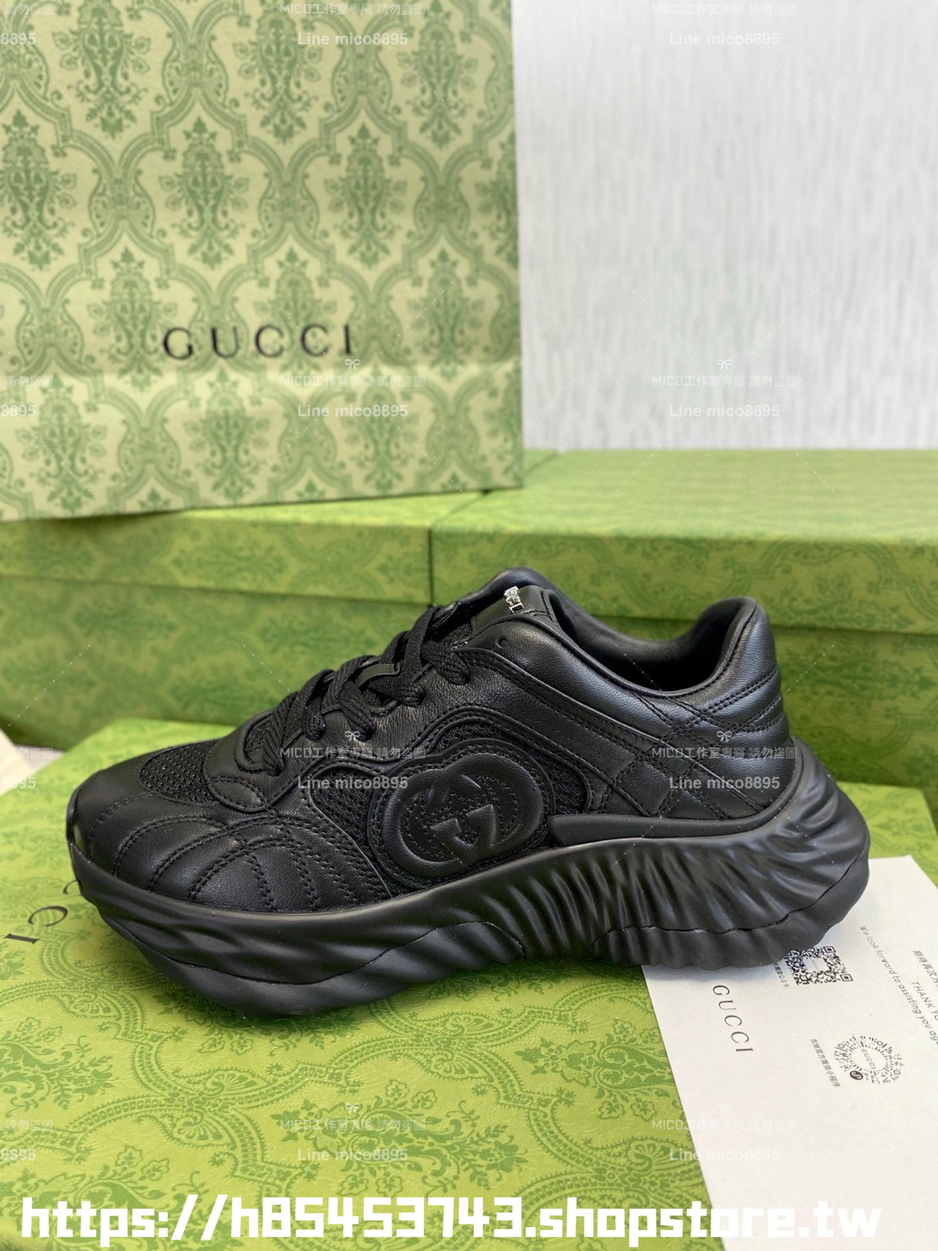 GUCCI 情侶款 Ripple系列 全黑色厚底波浪老爹鞋 35-44