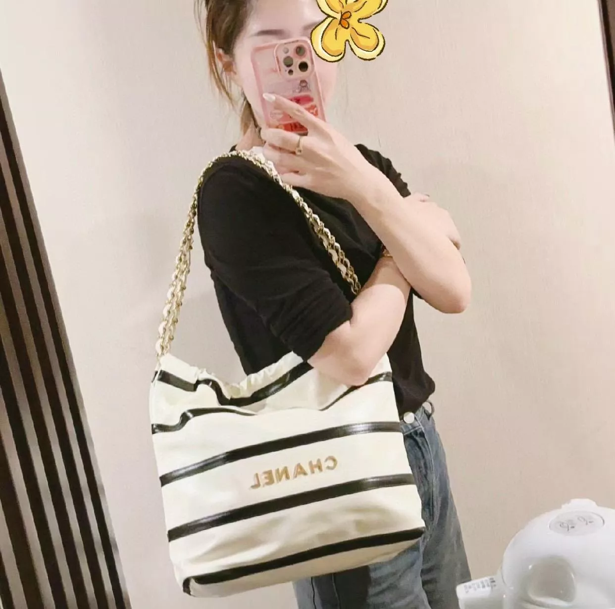 CHANEL 香奈兒 24s 季節限量款 小牛皮黑色條紋22包 小號 22Bag垃圾袋 托特包 35cm