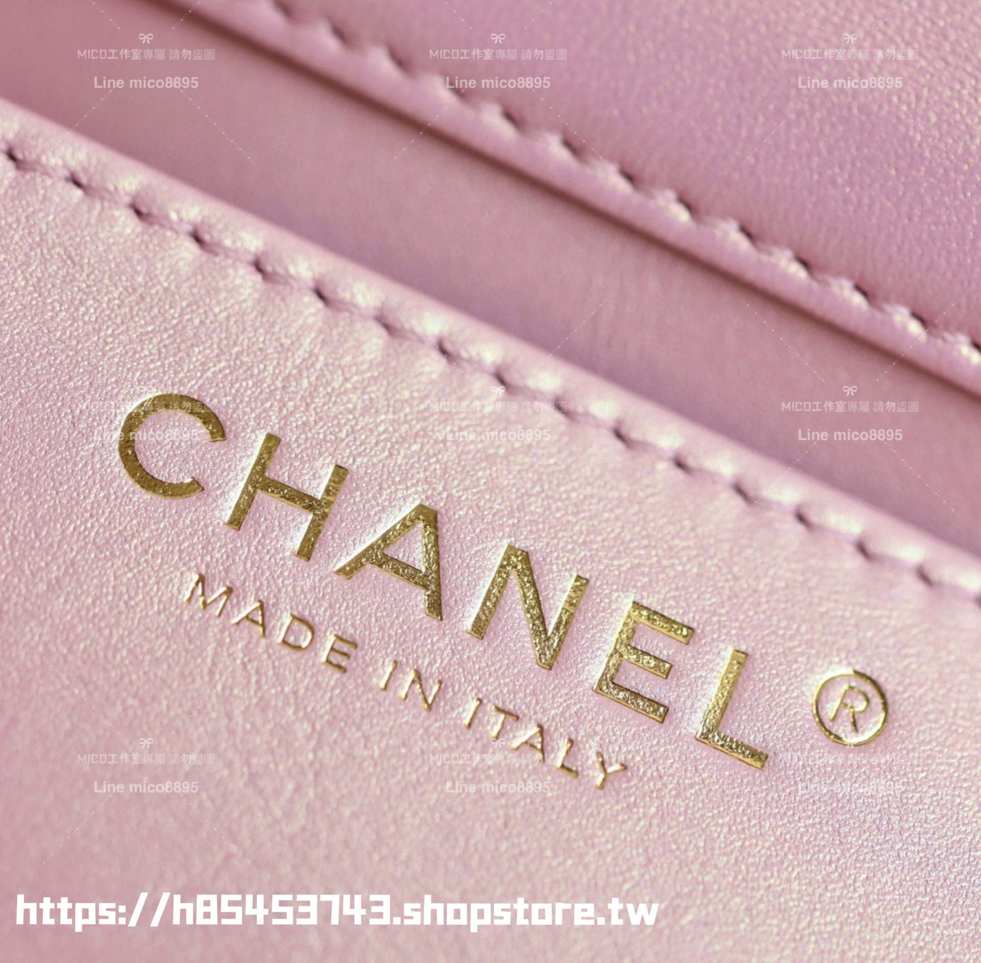 CHANEL 香奈兒 24P 珠光粉色 𝖬𝗂𝗇𝗂 𝖲𝗊𝗎𝖺𝗋𝖾方胖子與珍珠鏈條口蓋包 小羊皮 17cm