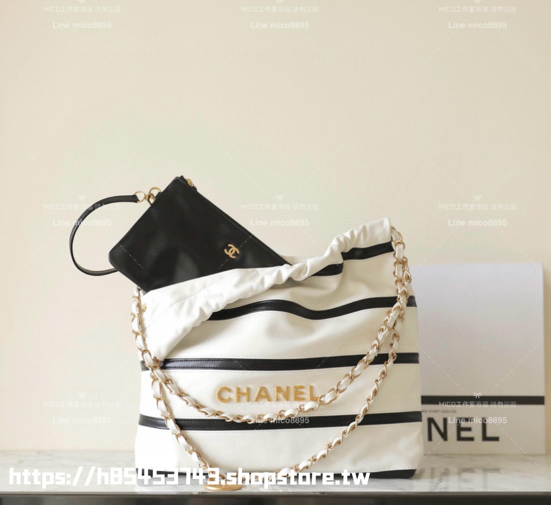 CHANEL 香奈兒 24s 季節限量款 小牛皮黑色條紋22包 小號 22Bag垃圾袋 托特包 35cm