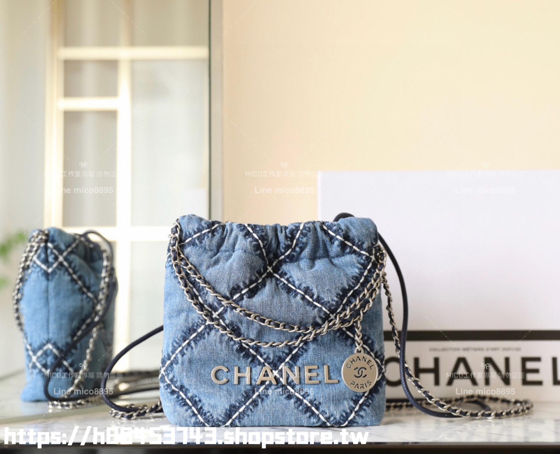 CHANEL 香奈兒 24p 季節限量款 丹寧牛仔mini22Bag斜跨包 迷你小包 20*19cm