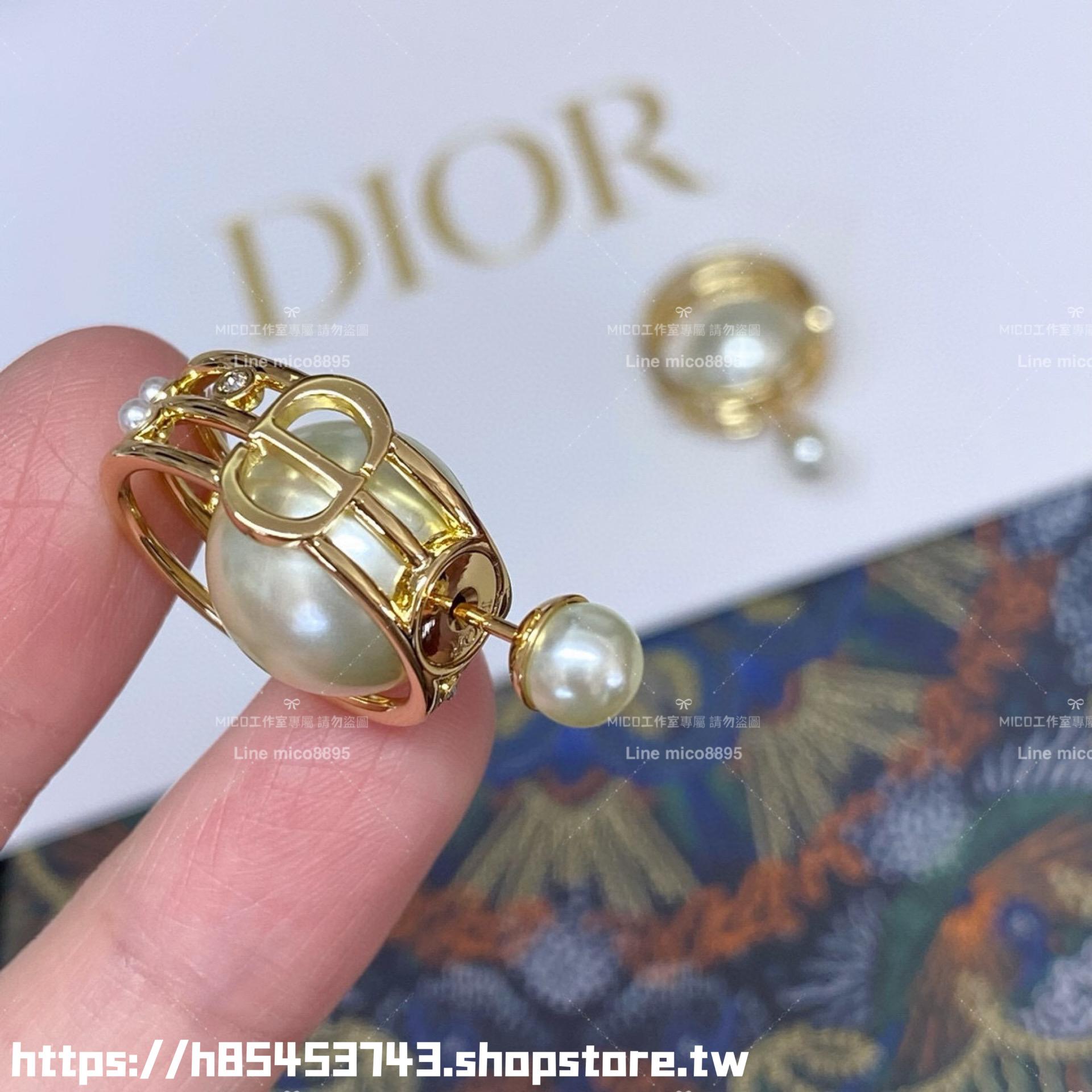 DIOR 金色鏤空線條設計前後珍珠耳環/耳釘