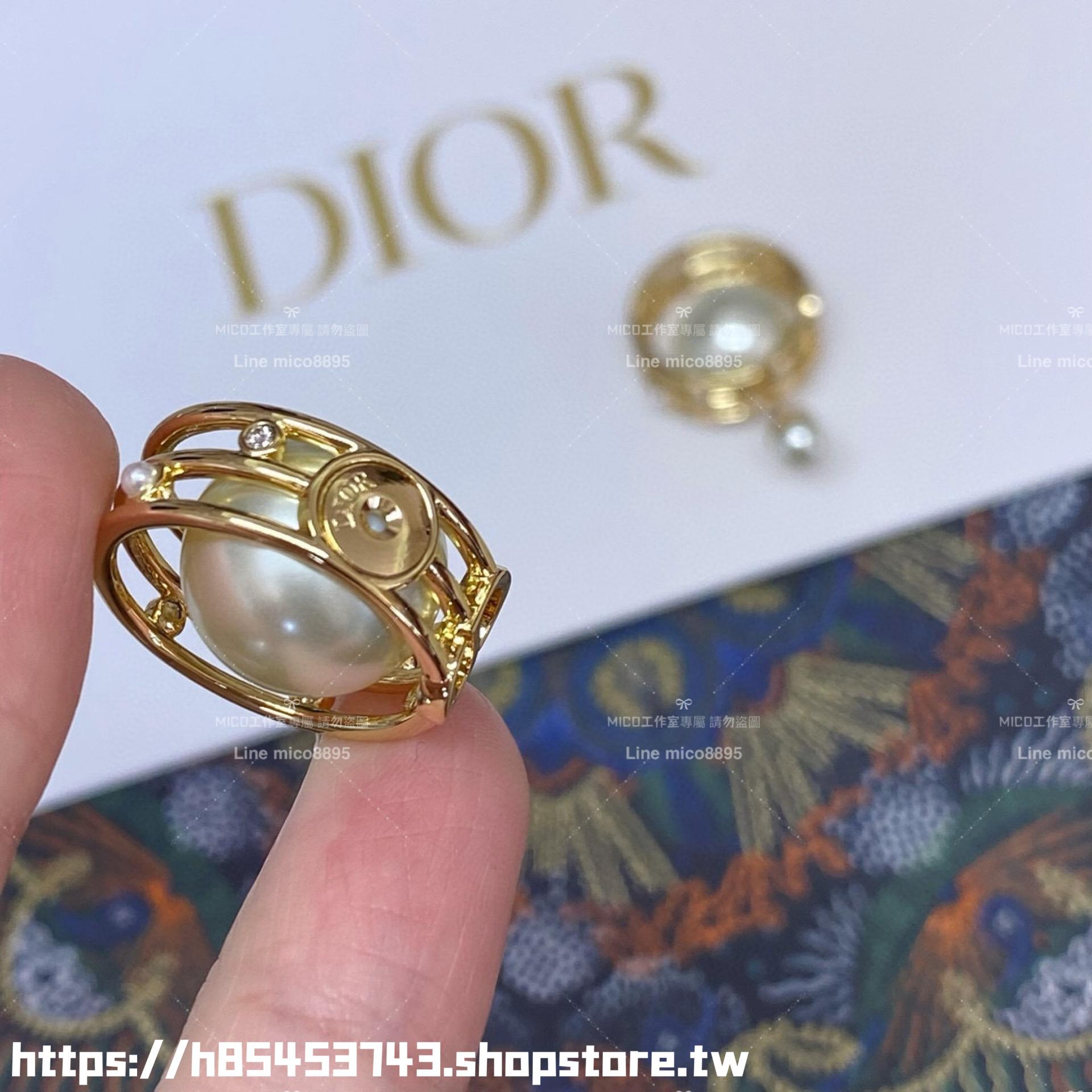 DIOR 金色鏤空線條設計前後珍珠耳環/耳釘