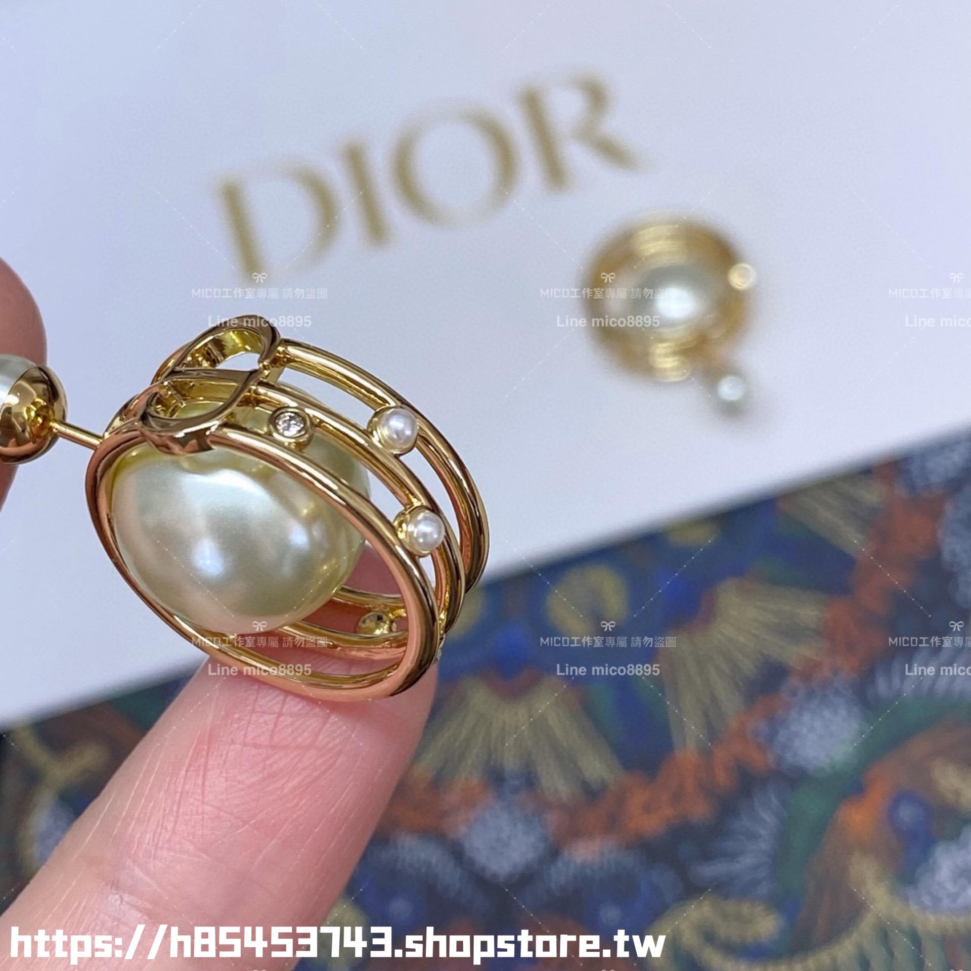 DIOR 金色鏤空線條設計前後珍珠耳環/耳釘