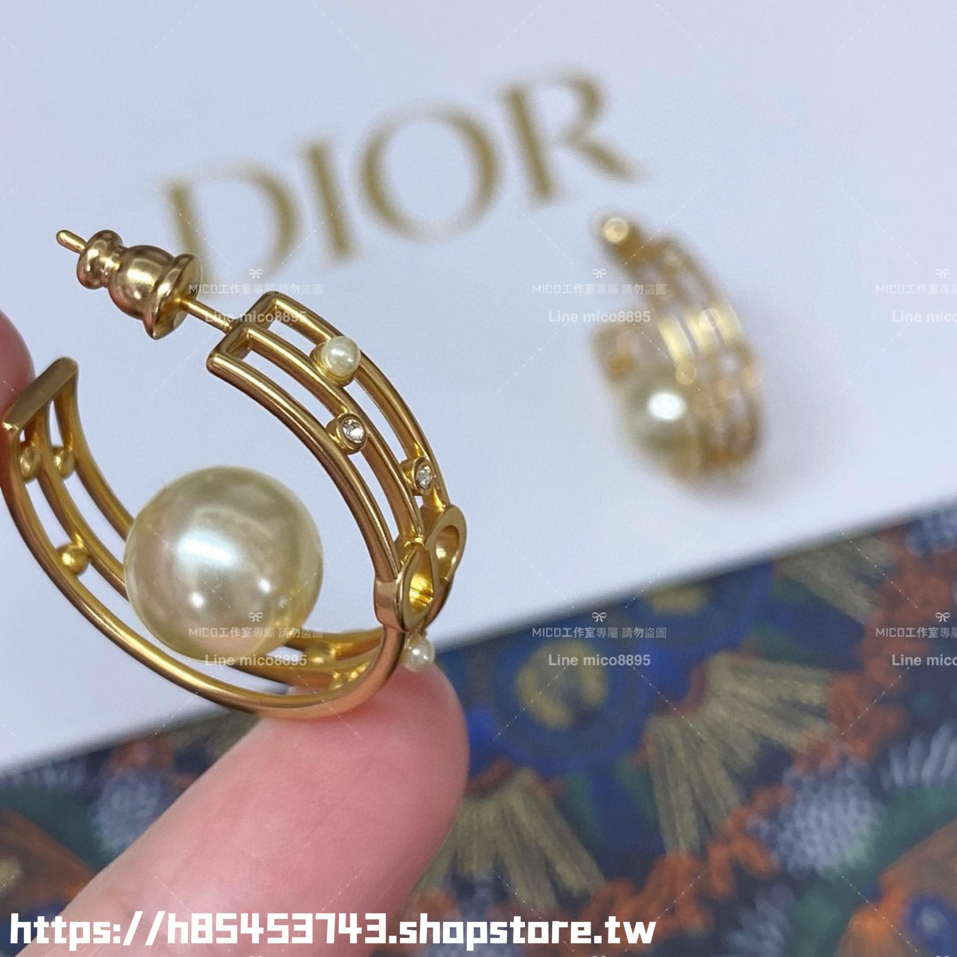 DIOR 金色鏤空線條設計圓弧珍珠耳環/耳釘