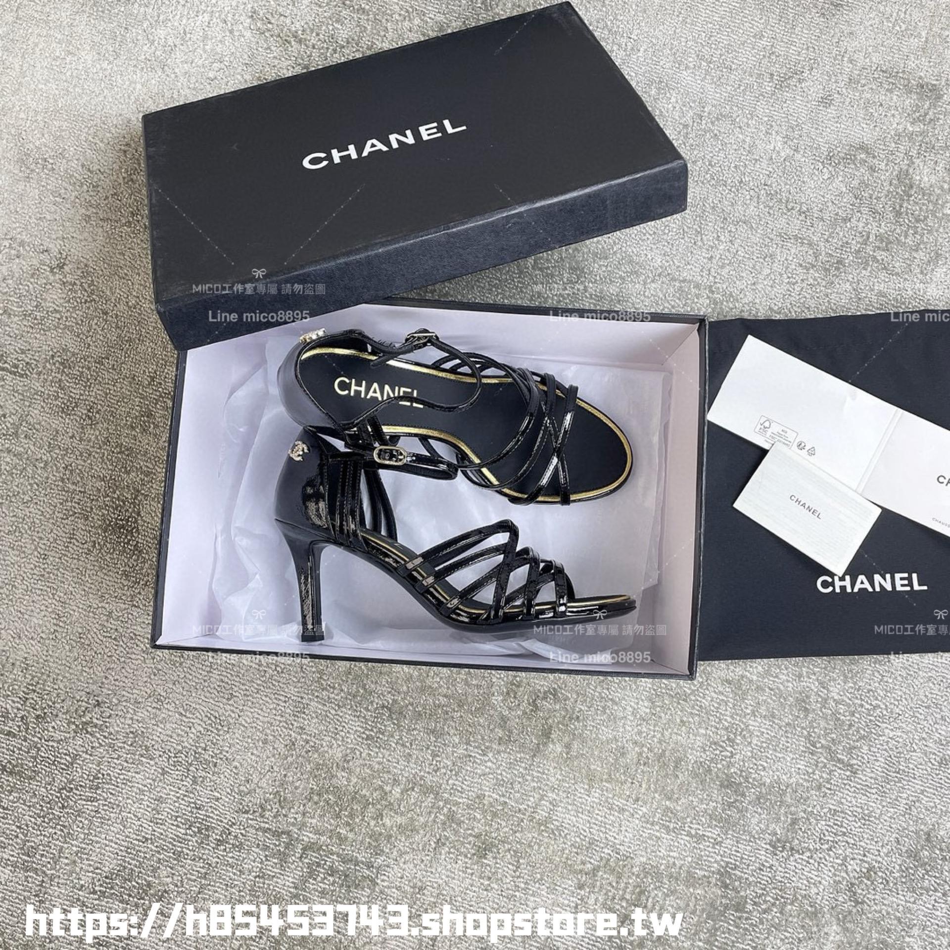 CHANEL 24s 漆皮黑色 交叉細帶露趾高跟涼鞋/女鞋 35-40