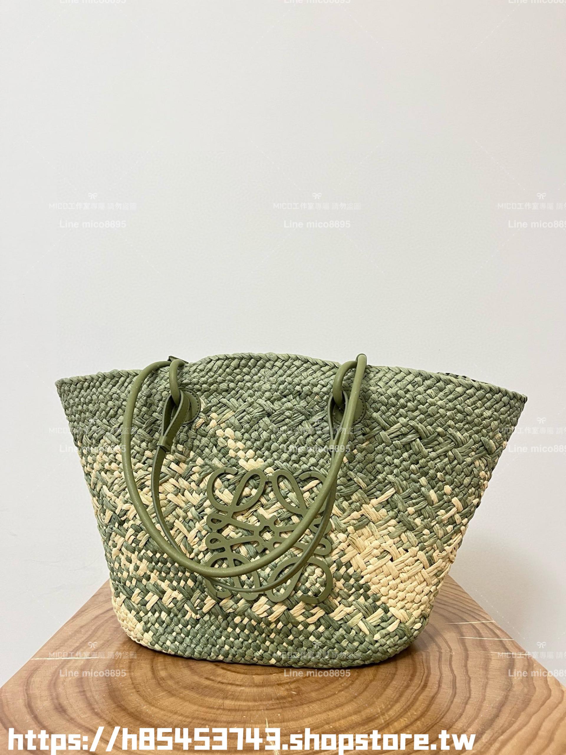 Loewe 草編包大號 橄欖綠 大號伊拉卡棕櫚纖維和牛皮革 Anagram basket bag in iraca palm and calfskin手袋 尺寸：46CM～24CM～15CM