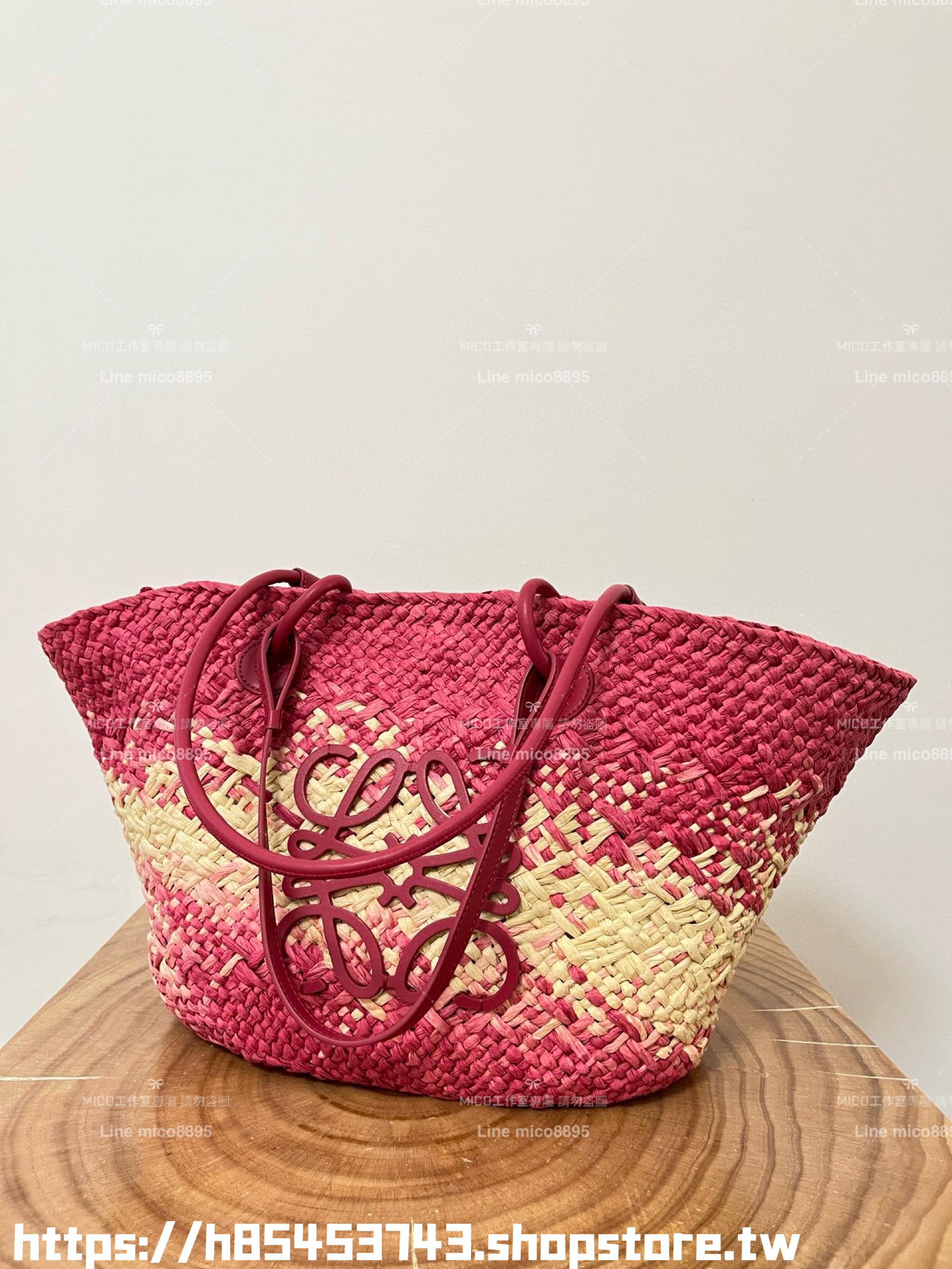 Loewe 草編包大號 玫紅色 大號伊拉卡棕櫚纖維和牛皮革 Anagram basket bag in iraca palm and calfskin手袋 尺寸：46CM～24CM～15CM