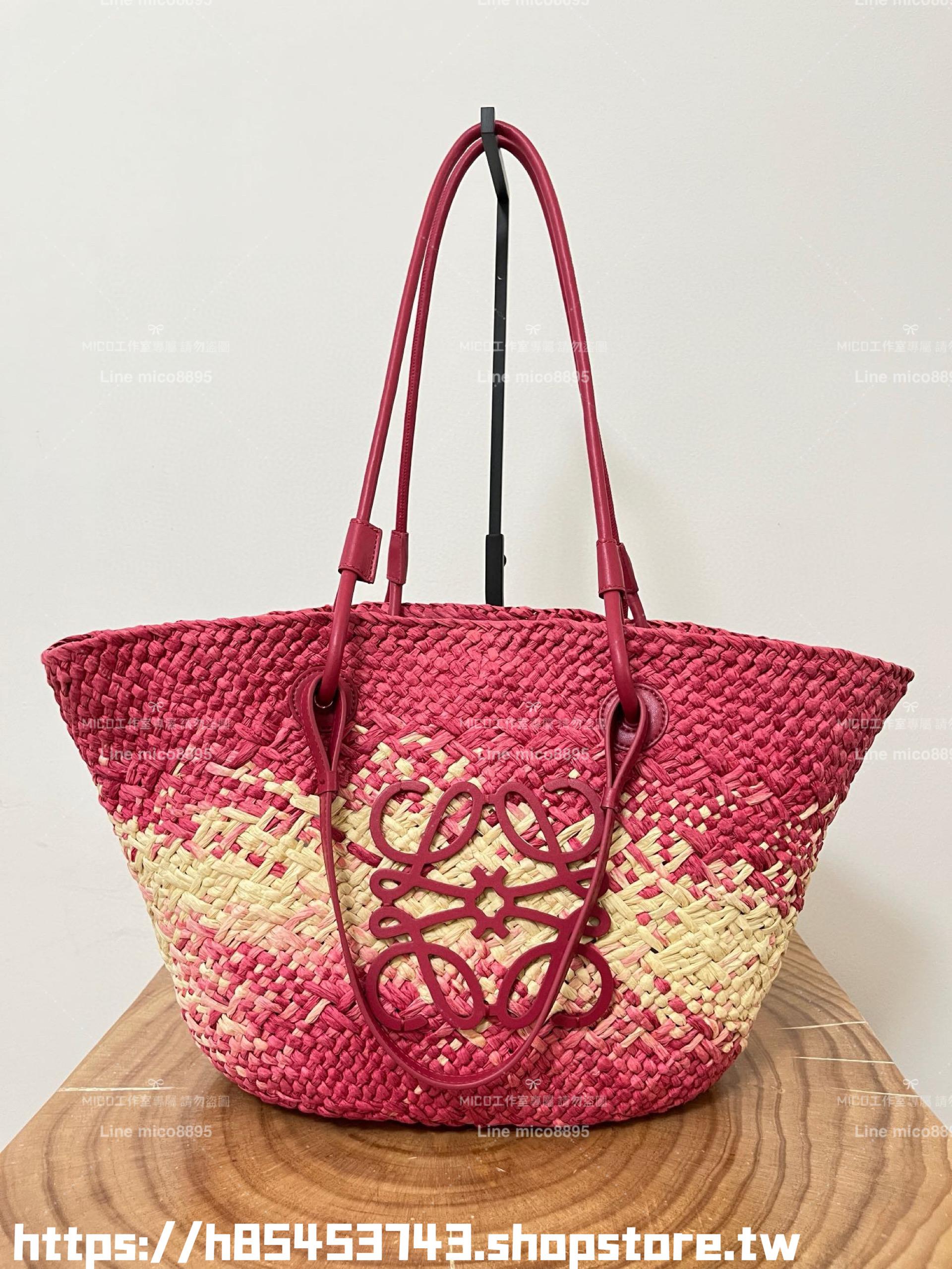 Loewe 草編包大號 玫紅色 大號伊拉卡棕櫚纖維和牛皮革 Anagram basket bag in iraca palm and calfskin手袋 尺寸：46CM～24CM～15CM