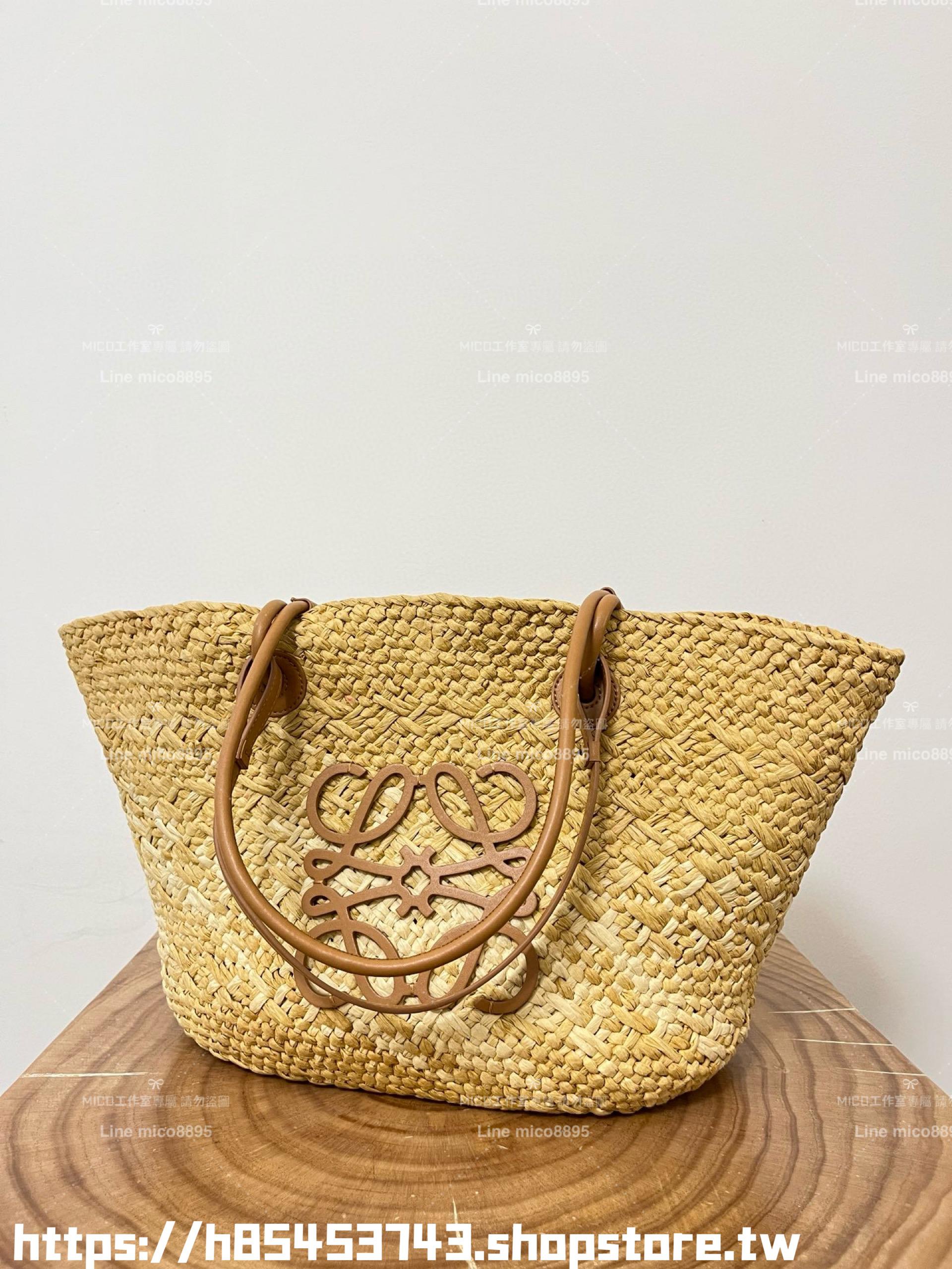 Loewe 草編包大號 焦糖色 大號伊拉卡棕櫚纖維和牛皮革 Anagram basket bag in iraca palm and calfskin手袋 尺寸：46CM～24CM～15CM