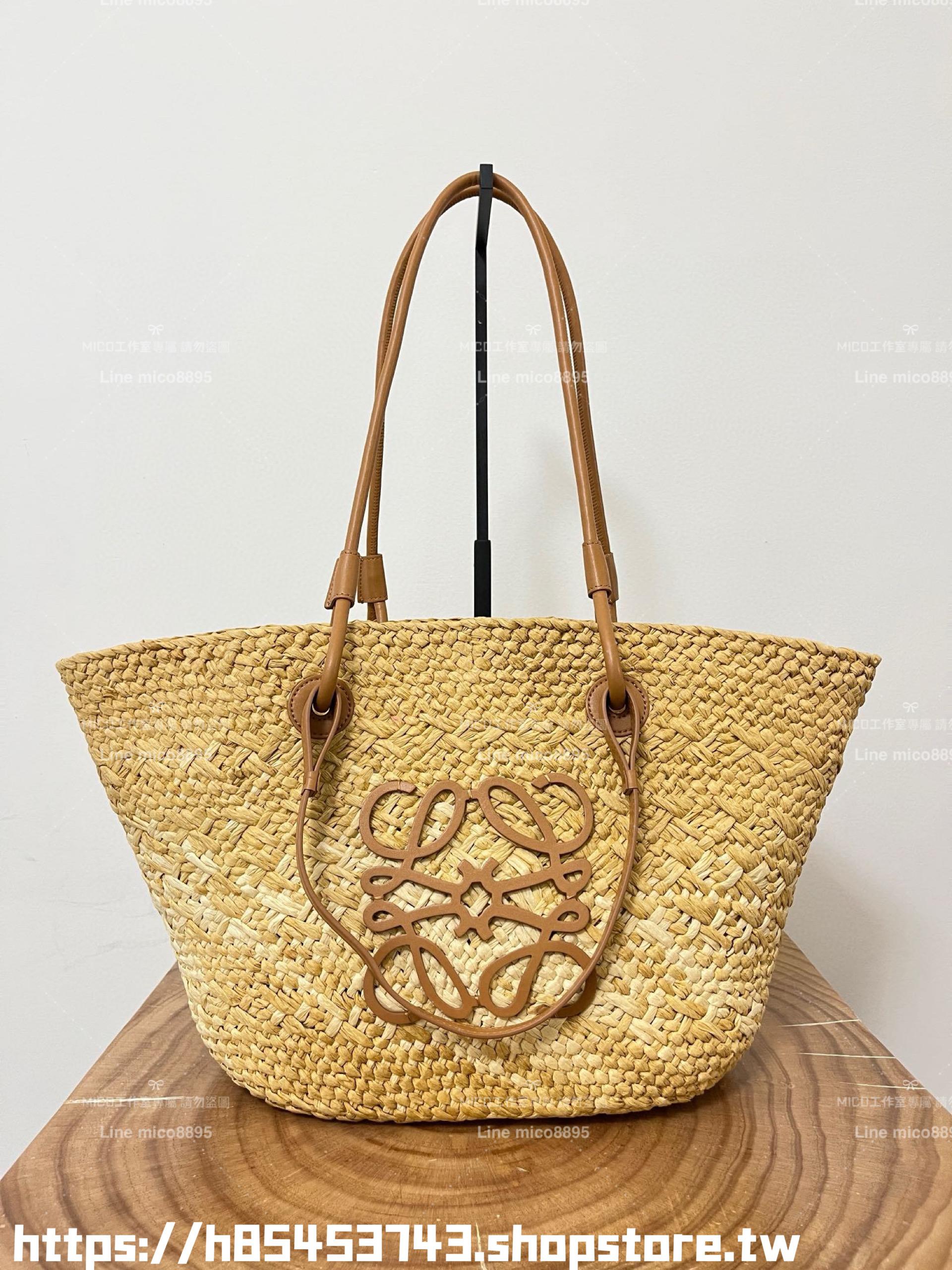 Loewe 草編包大號 焦糖色 大號伊拉卡棕櫚纖維和牛皮革 Anagram basket bag in iraca palm and calfskin手袋 尺寸：46CM～24CM～15CM