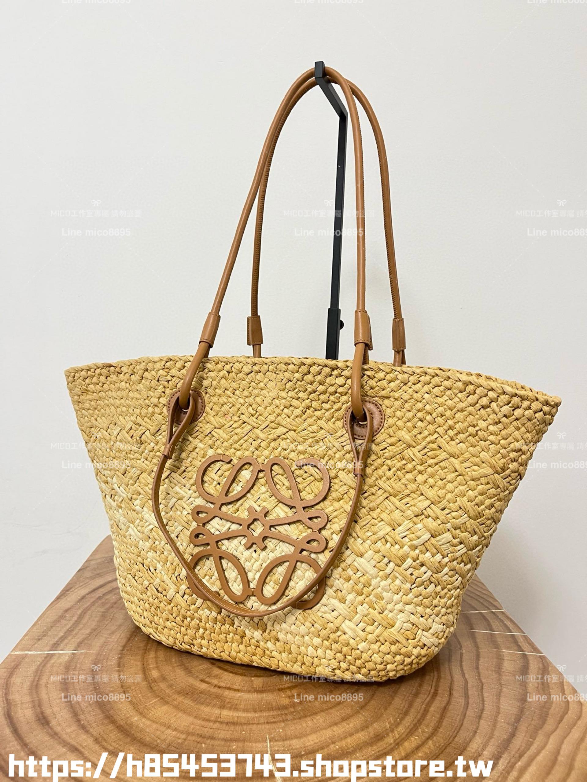 Loewe 草編包大號 焦糖色 大號伊拉卡棕櫚纖維和牛皮革 Anagram basket bag in iraca palm and calfskin手袋 尺寸：46CM～24CM～15CM