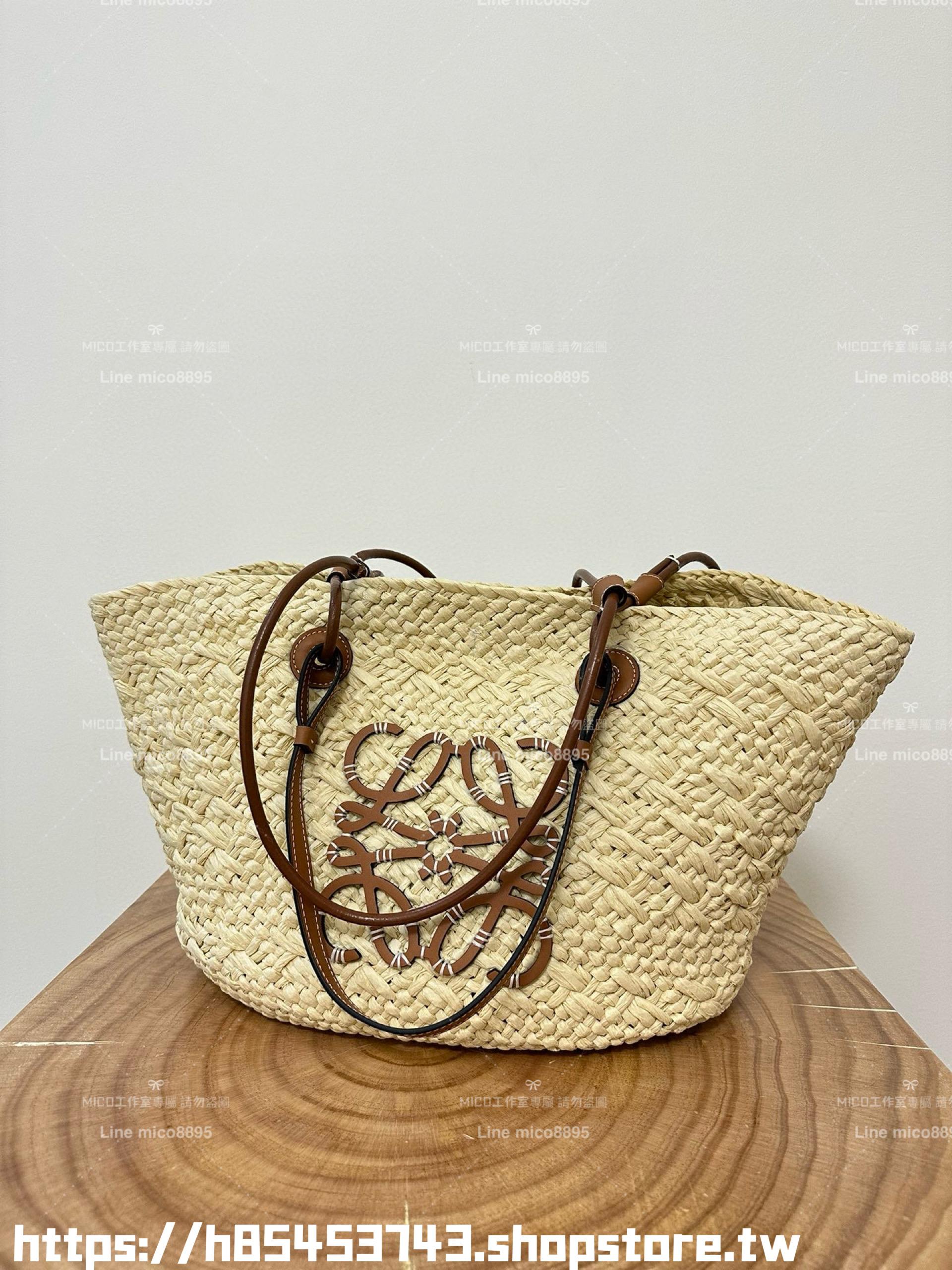 Loewe 草編包大號 原色/棕 大號伊拉卡棕櫚纖維和牛皮革 Anagram basket bag in iraca palm and calfskin手袋 尺寸：46CM～24CM～15CM