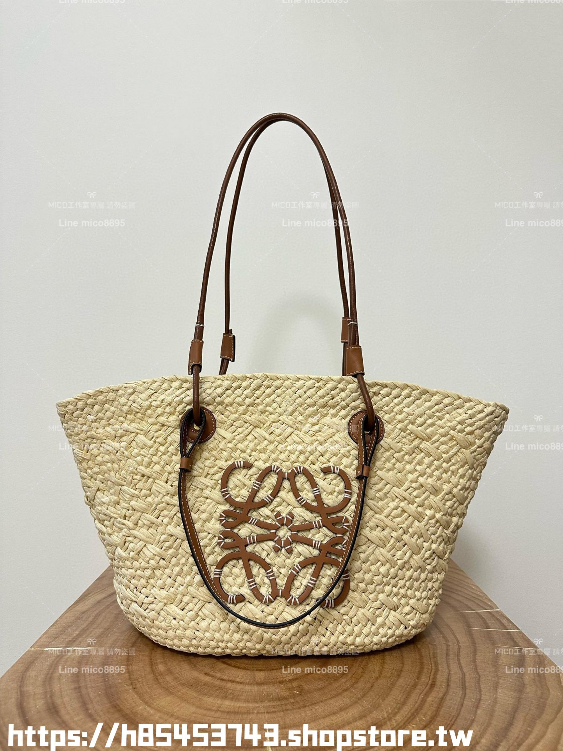 Loewe 草編包大號 原色/棕 大號伊拉卡棕櫚纖維和牛皮革 Anagram basket bag in iraca palm and calfskin手袋 尺寸：46CM～24CM～15CM