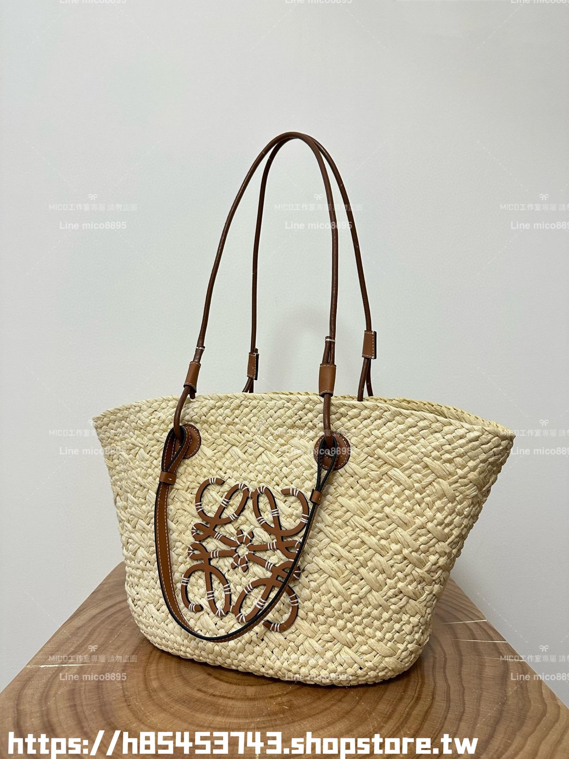 Loewe 草編包大號 原色/棕 大號伊拉卡棕櫚纖維和牛皮革 Anagram basket bag in iraca palm and calfskin手袋 尺寸：46CM～24CM～15CM