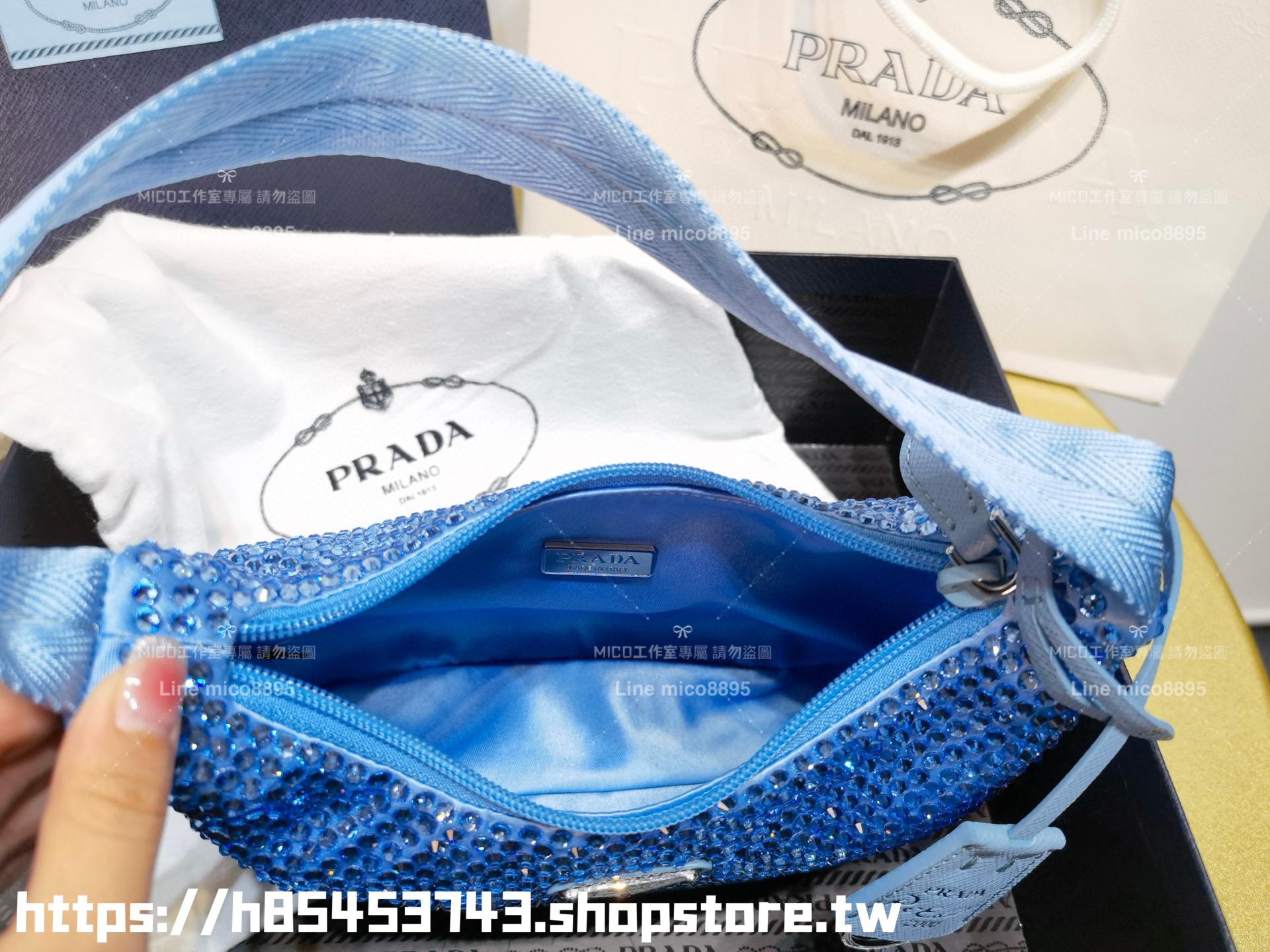 PRADA 普拉達 深藍滿鑽版綢緞迷你手袋飾以水晶HOBO包 手提迷你包 22cm