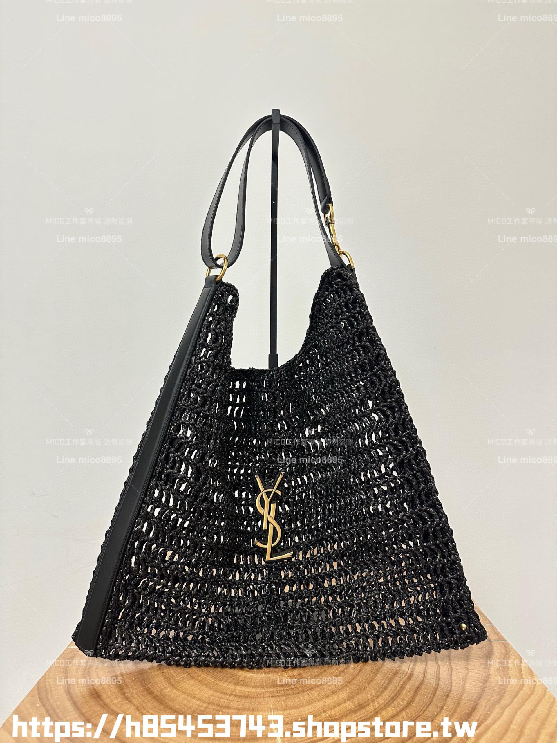 YSL 渡假風 OXALIS拉菲草鏤空編織黑色肩背包 37*40cm