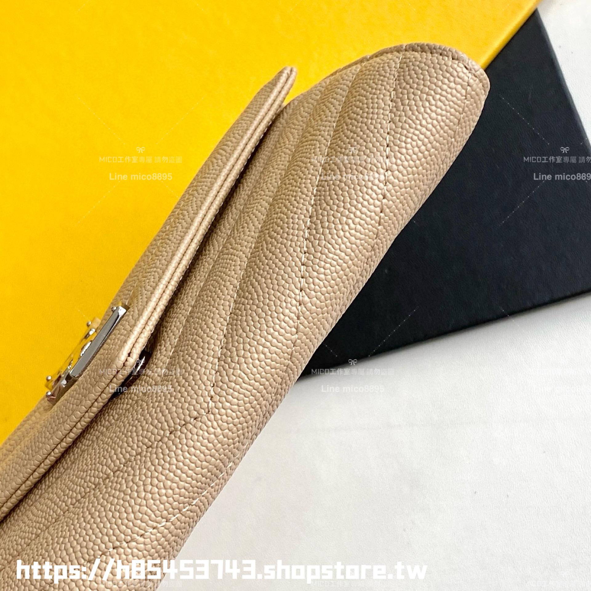 YSL 杏色/銀釦 SAINT LAURENT Monogram 皮革 信封式 扣式 皮夾 長夾 LARGE CASSANDRE FLAP 錢包