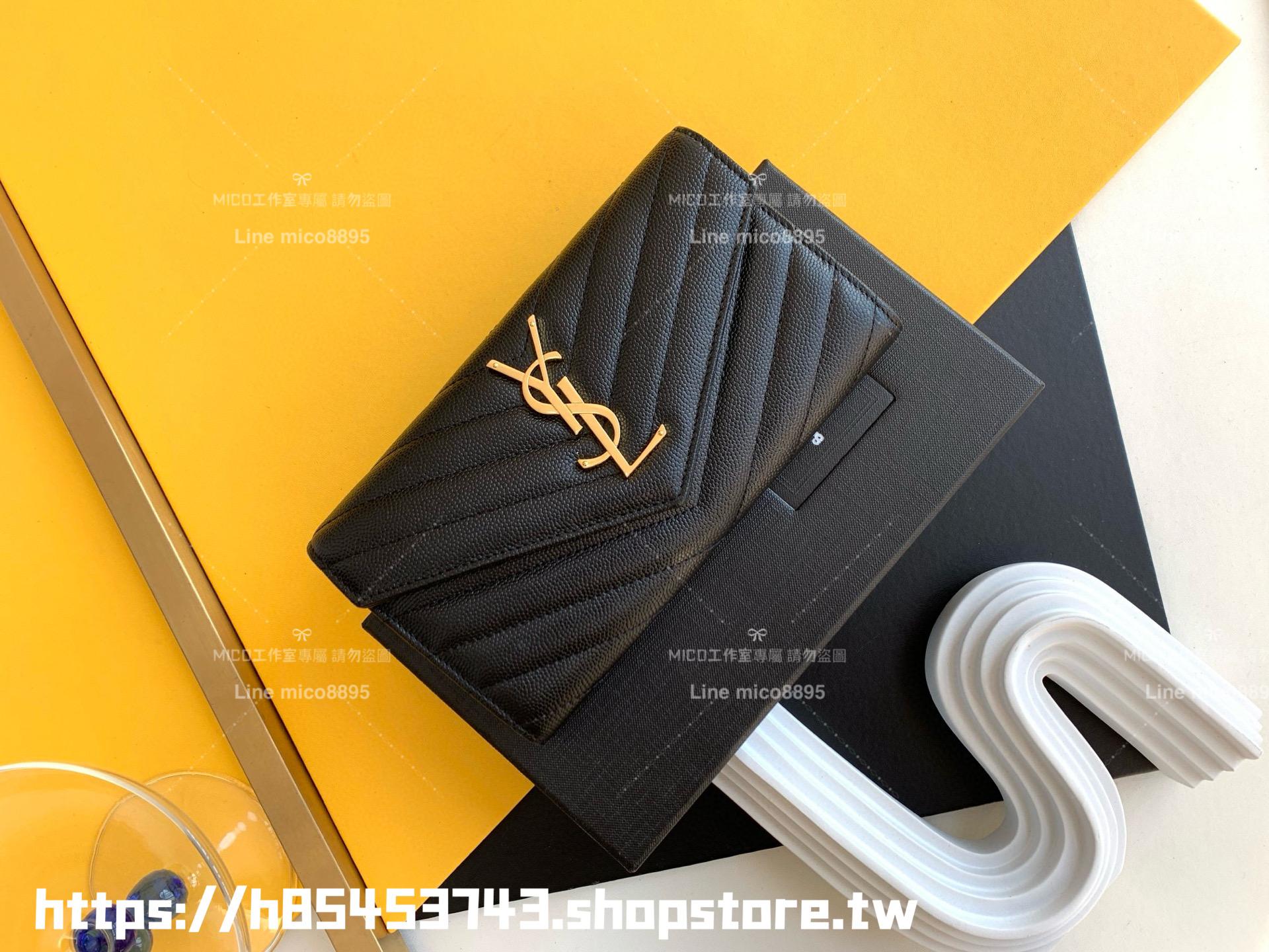 YSL 黑色/金釦 SAINT LAURENT Monogram 皮革 信封式 扣式 皮夾 長夾 LARGE CASSANDRE FLAP 錢包