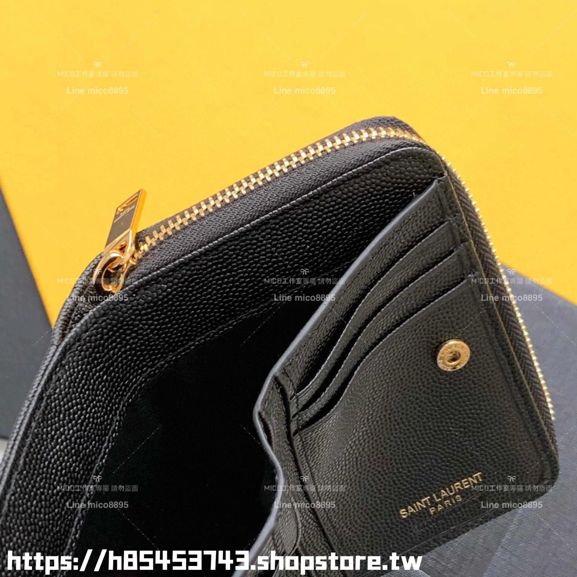 YSL Saint Laurent 經典金字 LOGO粒面壓紋 山形紋對開短夾