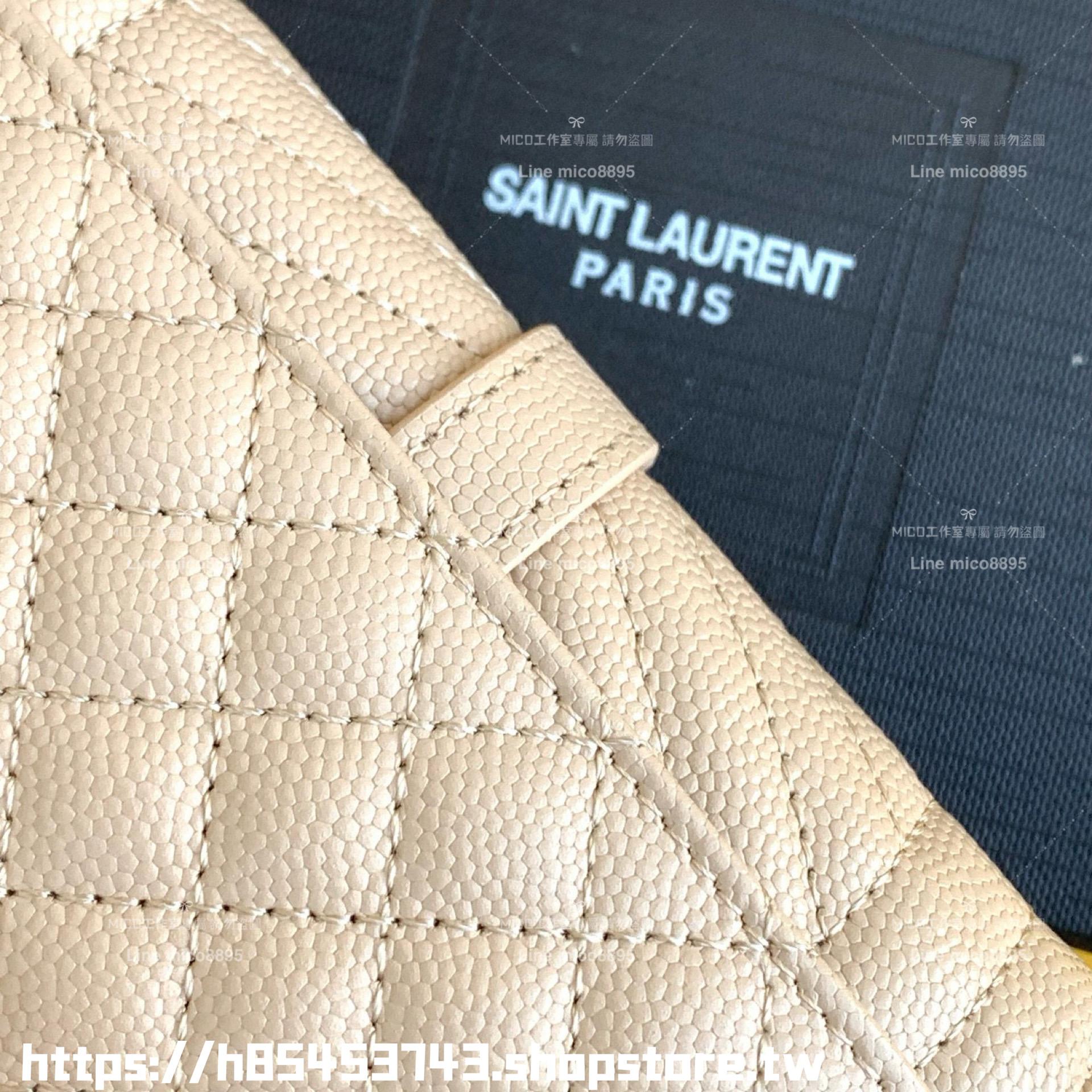 YSL Saint Laurent 杏色/金 MIX MATELASSE 魚子醬牛皮翻蓋短夾/卡包/零錢包