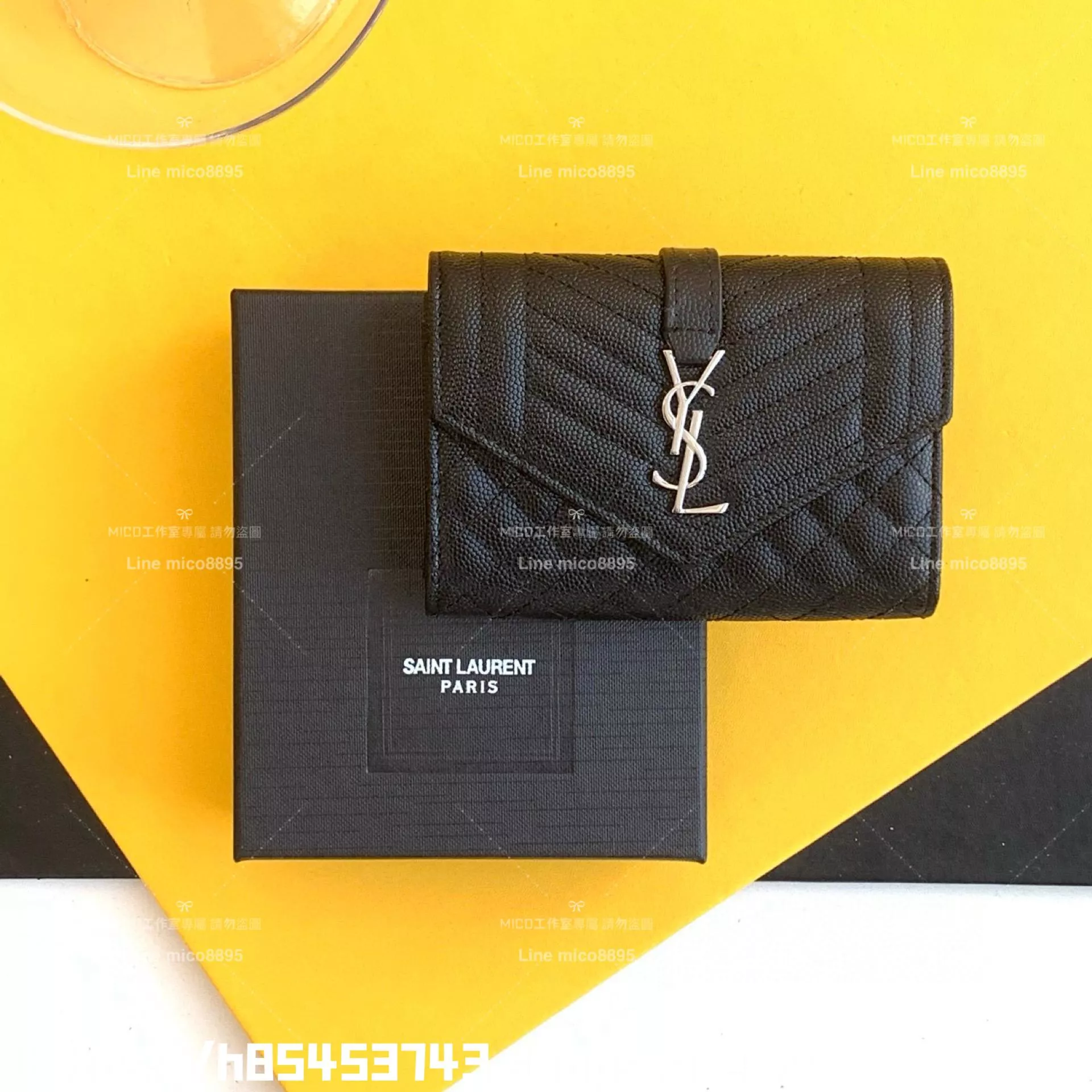 YSL Saint Laurent 黑色/銀釦 MIX MATELASSE 魚子醬牛皮翻蓋短夾/卡包/零錢包