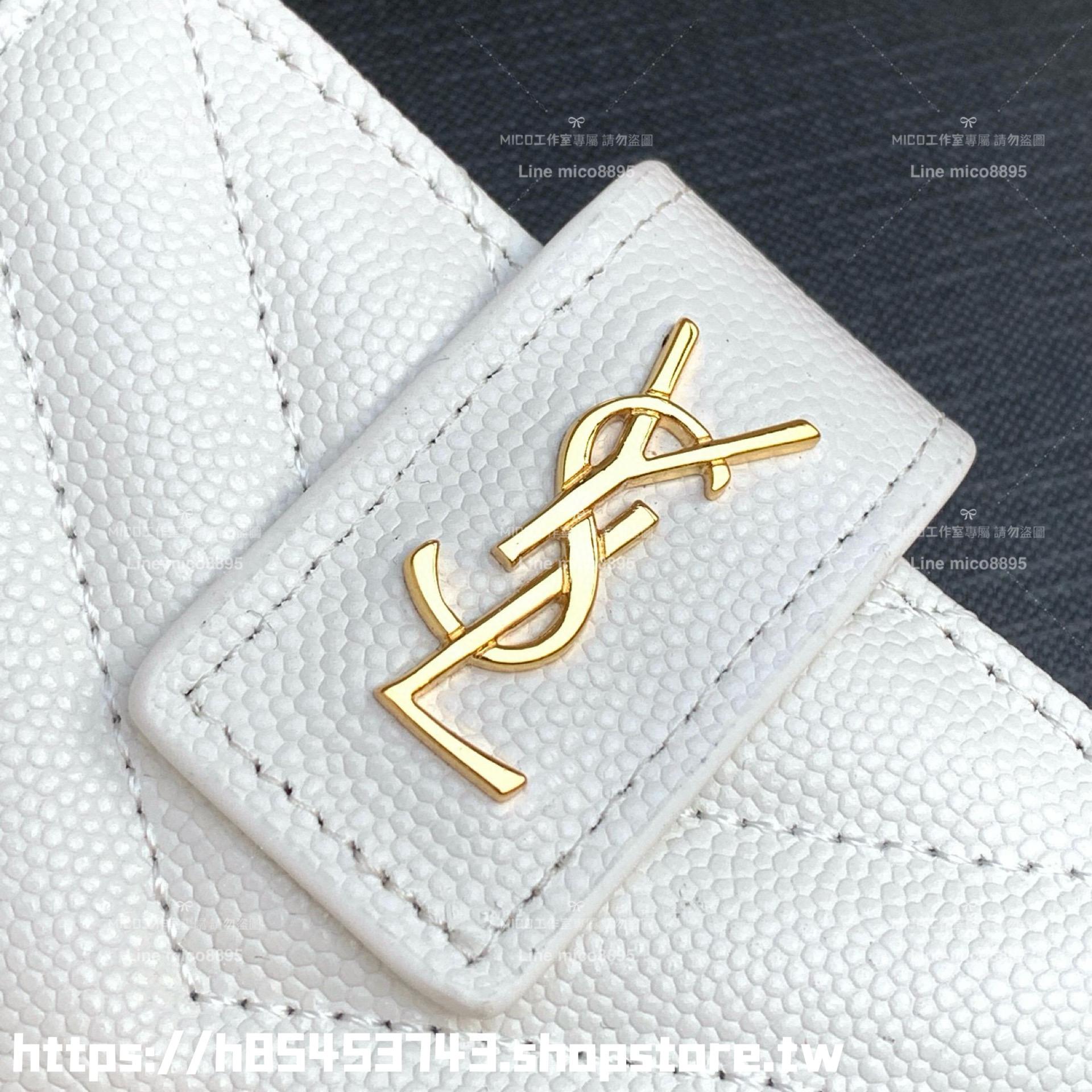 YSL 聖羅蘭Saint Laurent 白/金 魚子醬牛皮 風琴式卡包/小包