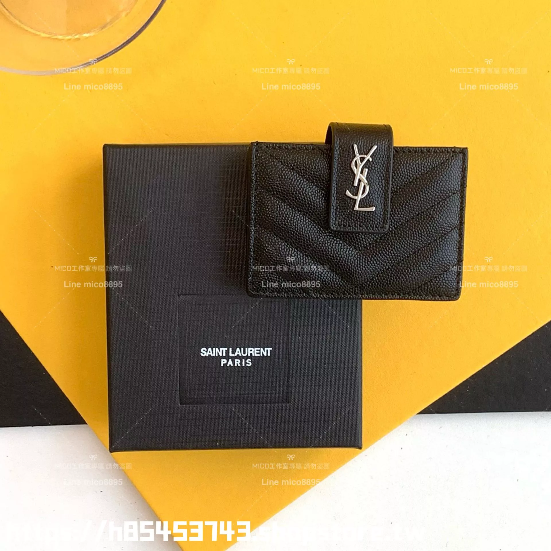 YSL 聖羅蘭Saint Laurent 黑銀 魚子醬牛皮 風琴式卡包/小包