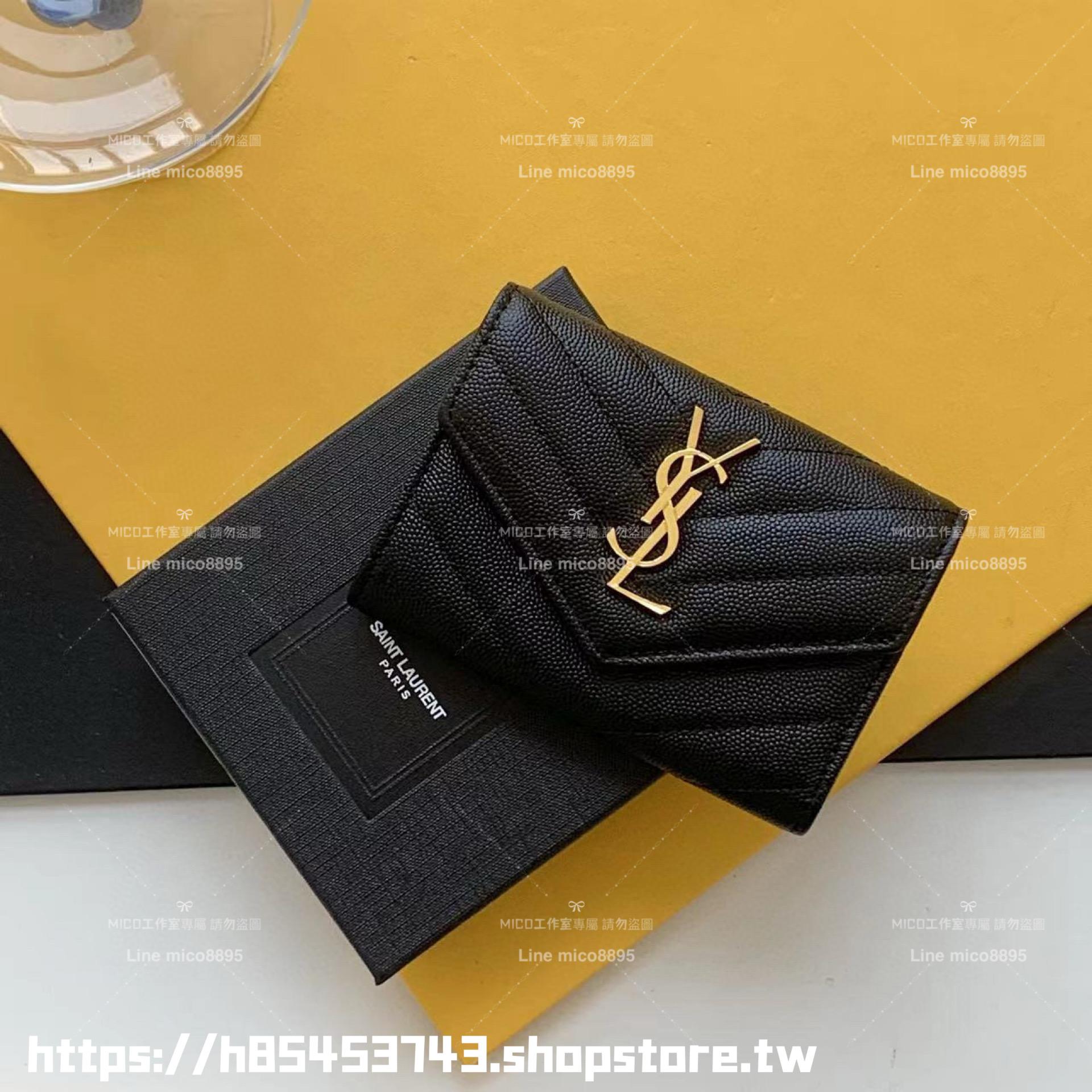 YSL Saint Laurent 黑金 MONOGRAM粒面壓紋皮革小型信封零錢包/卡包