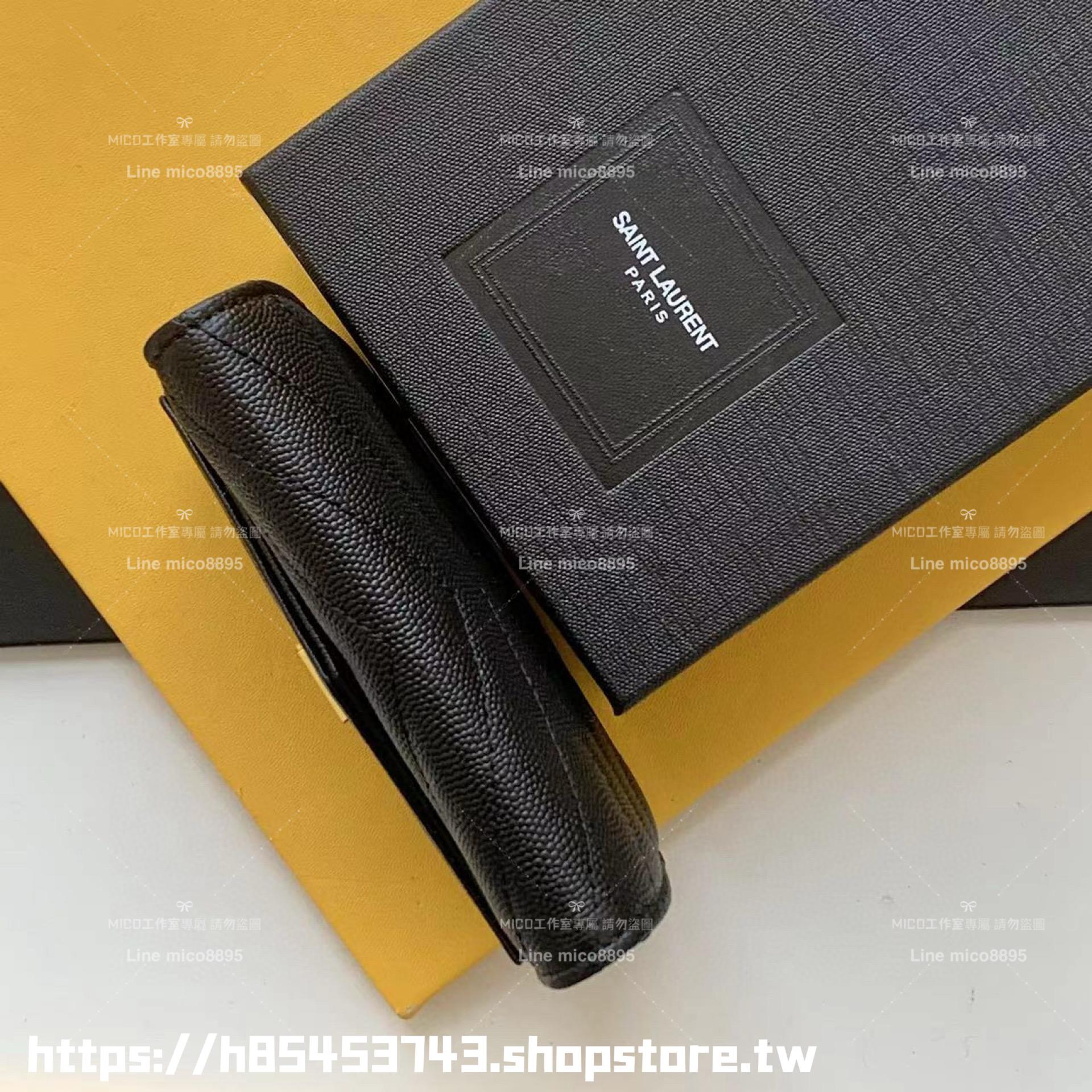 YSL Saint Laurent 黑金 MONOGRAM粒面壓紋皮革小型信封零錢包/卡包