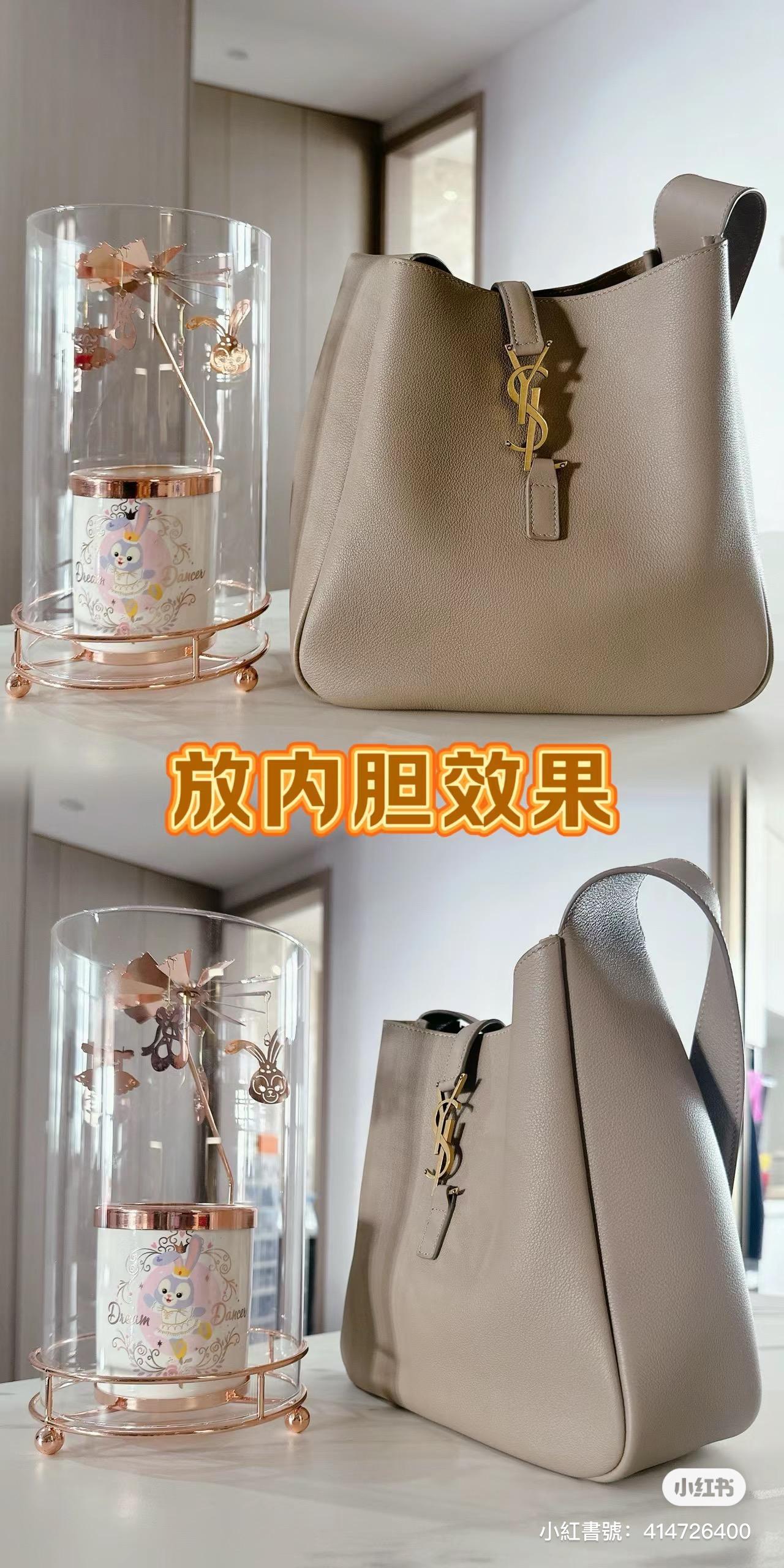 YSL 大款 奶茶色 LE 5 À 7滑面皮革柔軟大型手袋 HOBO肩背包 30cm