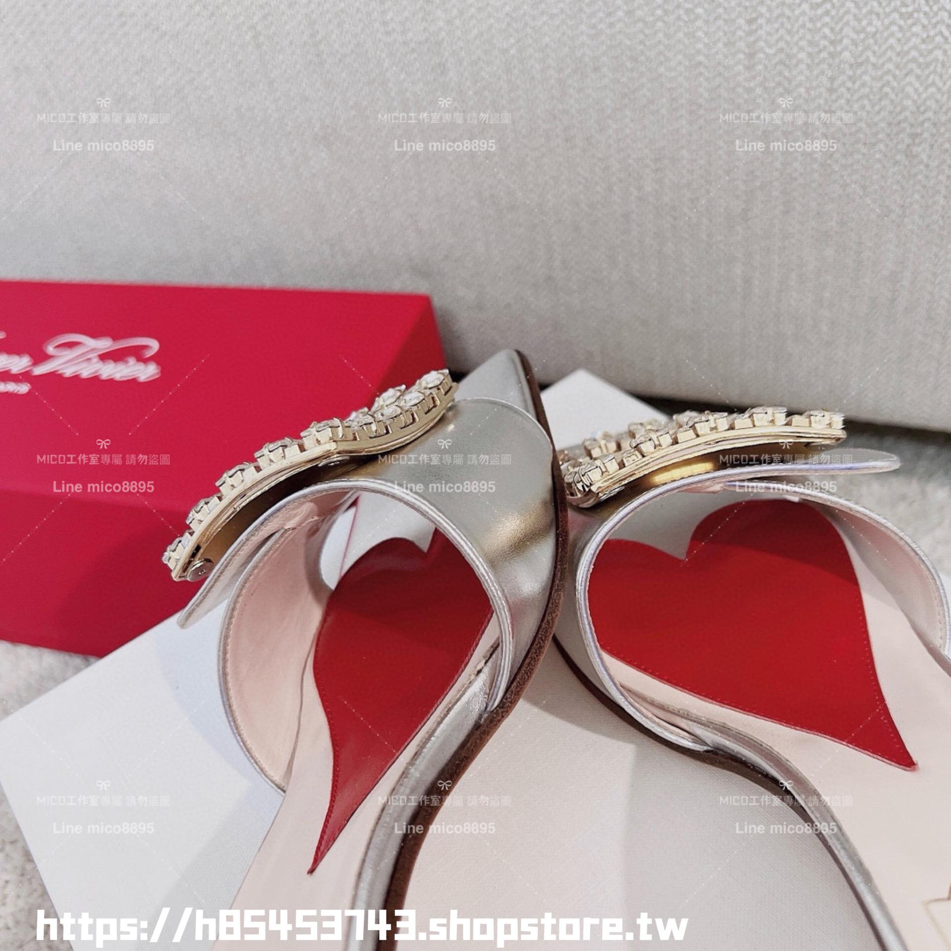 Roger Vivier RV 銀色鑽釦 Biki Love 4.5cm粗跟方釦穆勒拖鞋/涼鞋 35-40