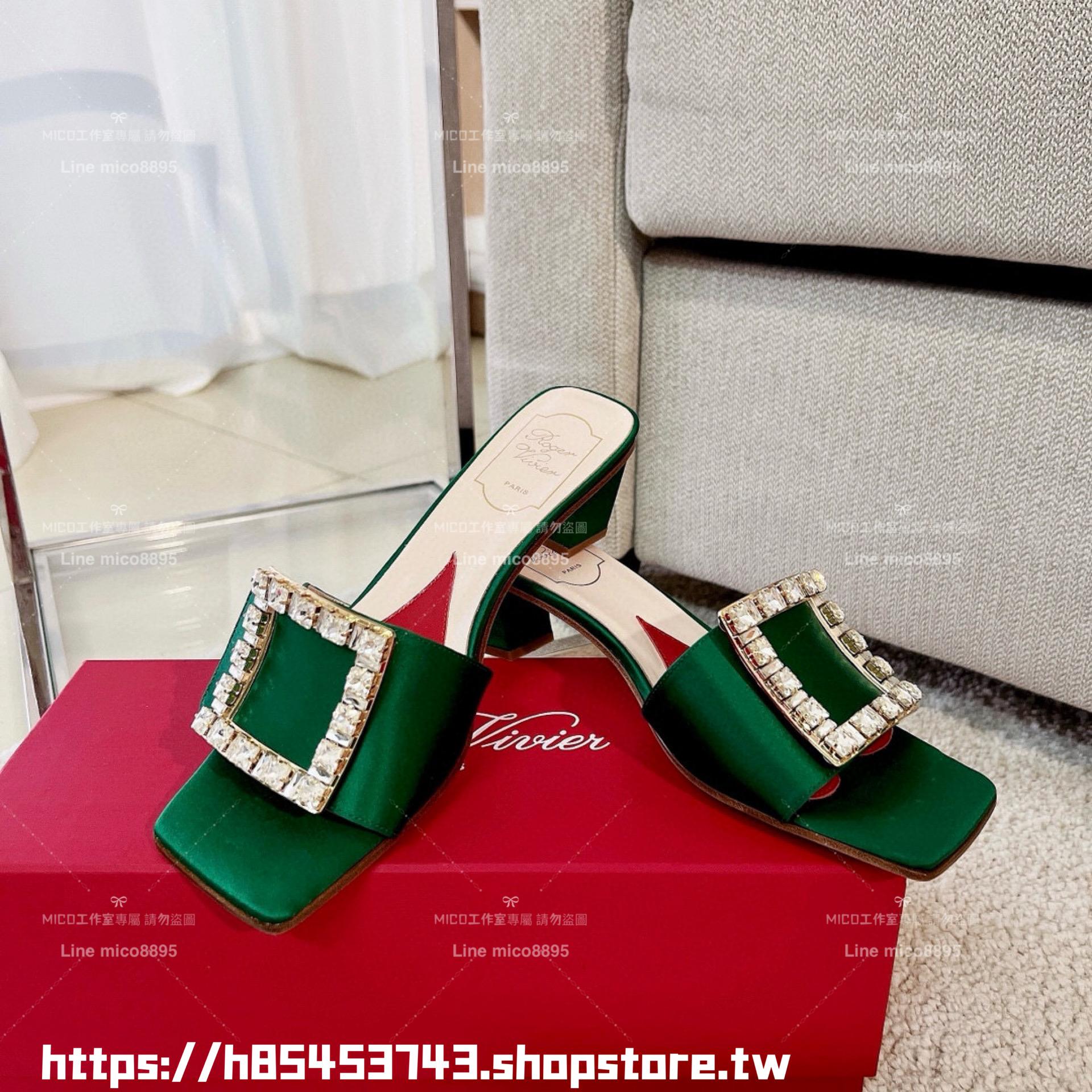 Roger Vivier RV 真絲綠/鑽釦 Biki Love 4.5cm粗跟方釦穆勒拖鞋/涼鞋 35-40