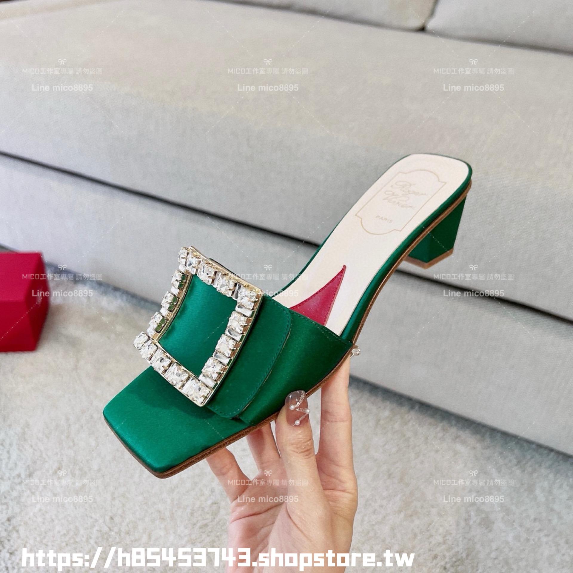 Roger Vivier RV 真絲綠/鑽釦 Biki Love 4.5cm粗跟方釦穆勒拖鞋/涼鞋 35-40