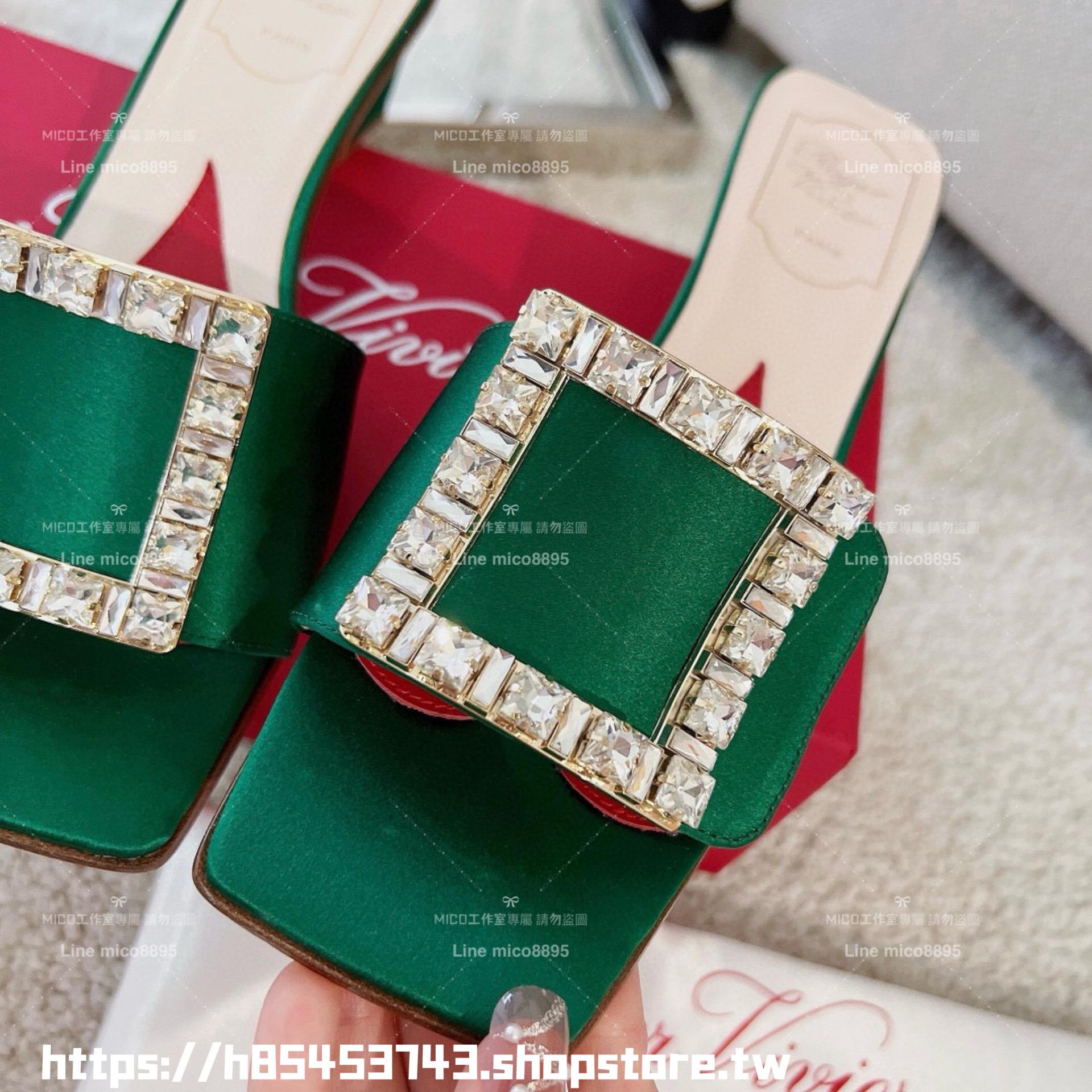 Roger Vivier RV 真絲綠/鑽釦 Biki Love 4.5cm粗跟方釦穆勒拖鞋/涼鞋 35-40