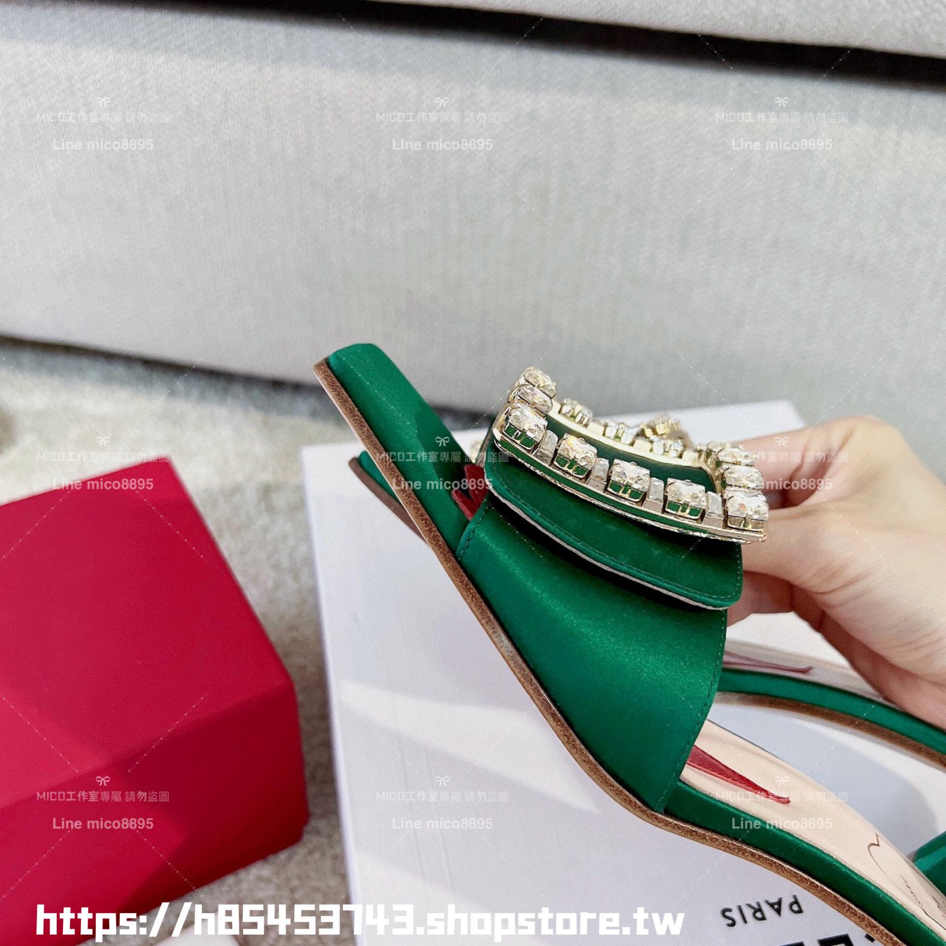 Roger Vivier RV 真絲綠/鑽釦 Biki Love 4.5cm粗跟方釦穆勒拖鞋/涼鞋 35-40