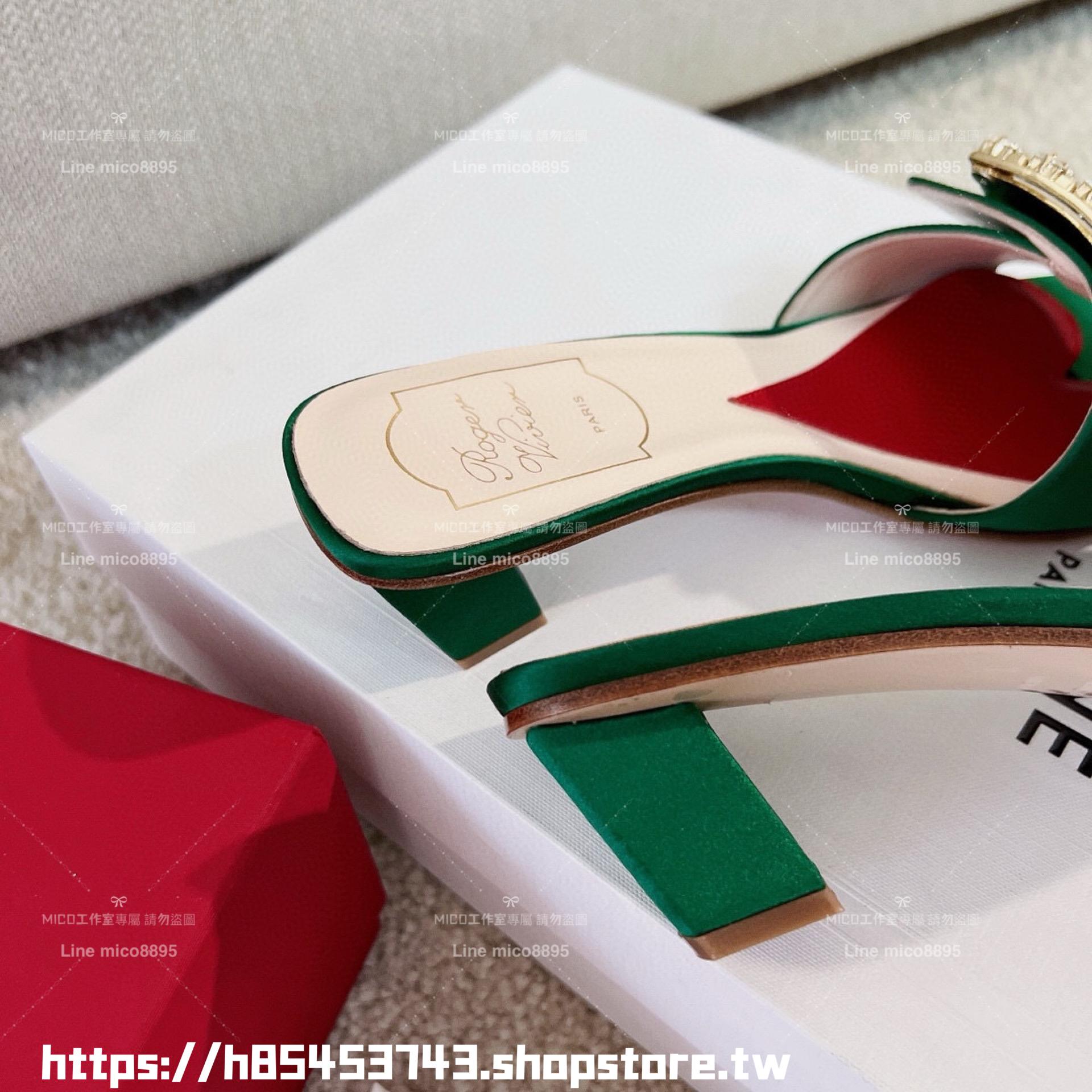 Roger Vivier RV 真絲綠/鑽釦 Biki Love 4.5cm粗跟方釦穆勒拖鞋/涼鞋 35-40