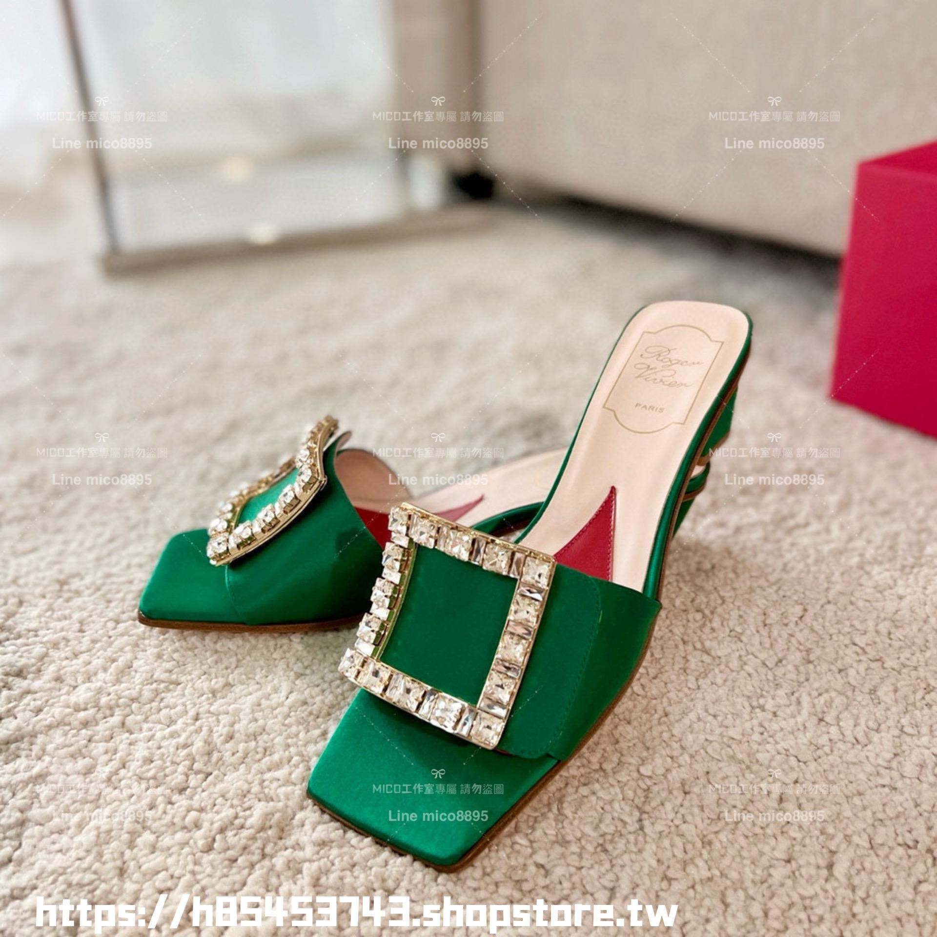 Roger Vivier RV 真絲綠/鑽釦 Biki Love 4.5cm粗跟方釦穆勒拖鞋/涼鞋 35-40