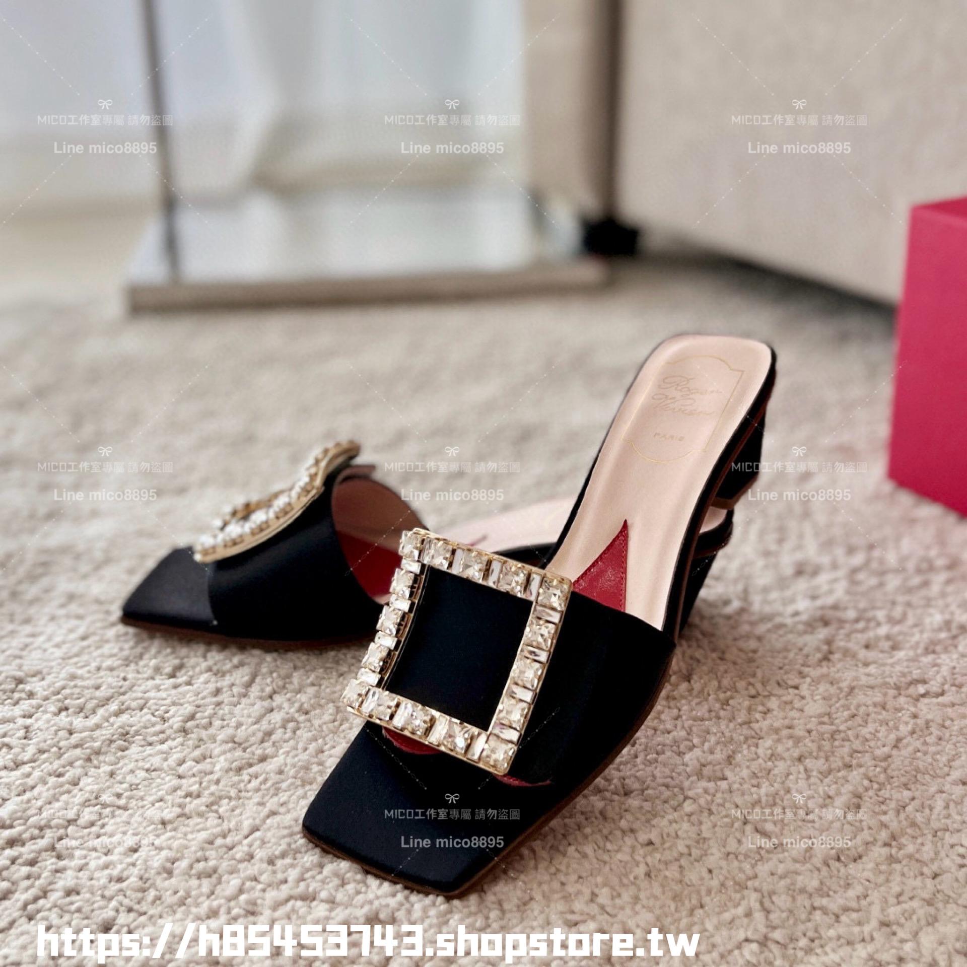 Roger Vivier RV 真絲黑/鑽釦 Biki Love 4.5cm粗跟方釦穆勒拖鞋/涼鞋 35-40