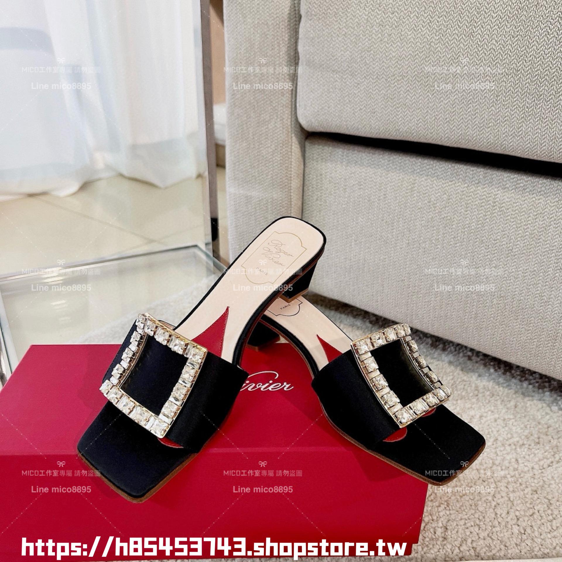 Roger Vivier RV 真絲黑/鑽釦 Biki Love 4.5cm粗跟方釦穆勒拖鞋/涼鞋 35-40