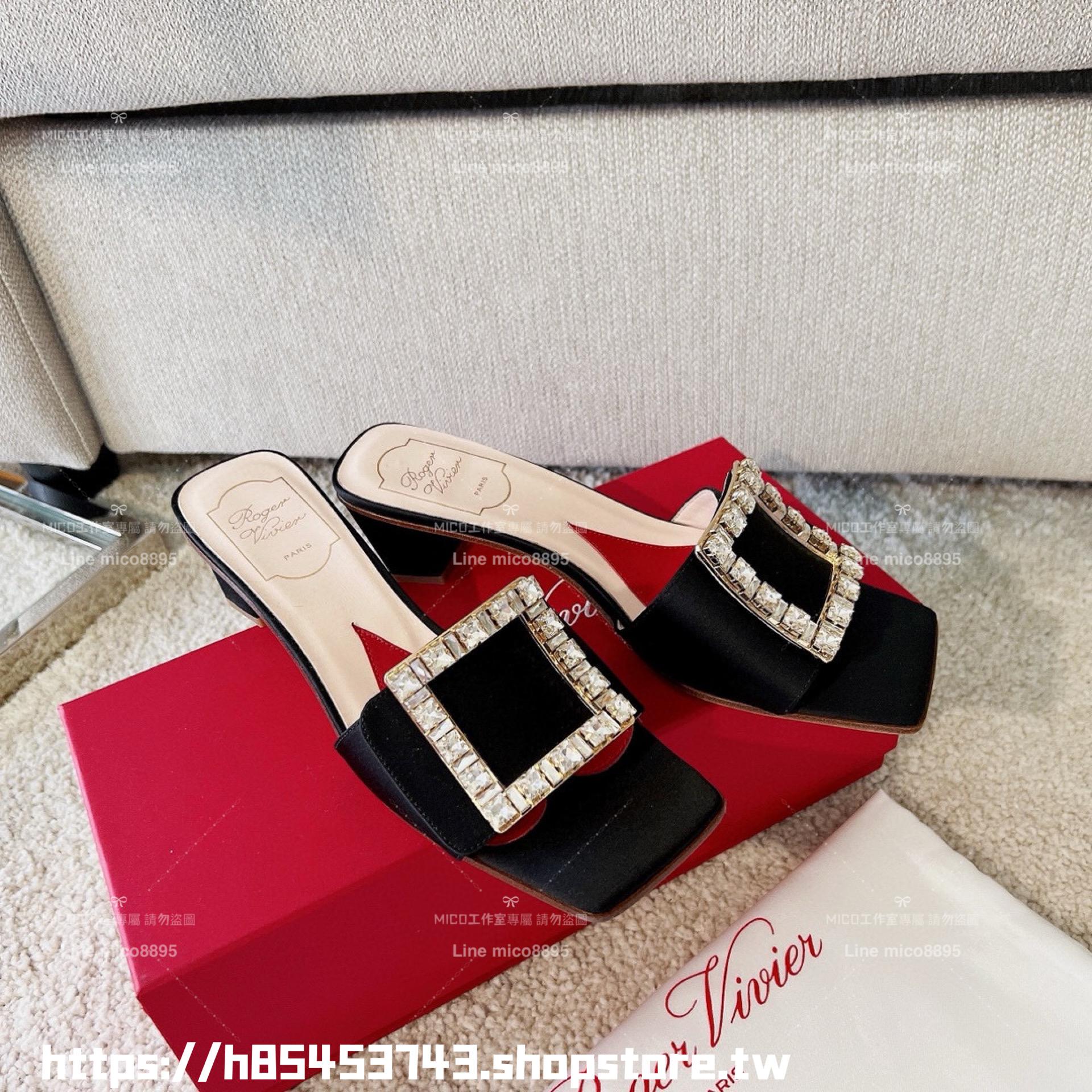 Roger Vivier RV 真絲黑/鑽釦 Biki Love 4.5cm粗跟方釦穆勒拖鞋/涼鞋 35-40