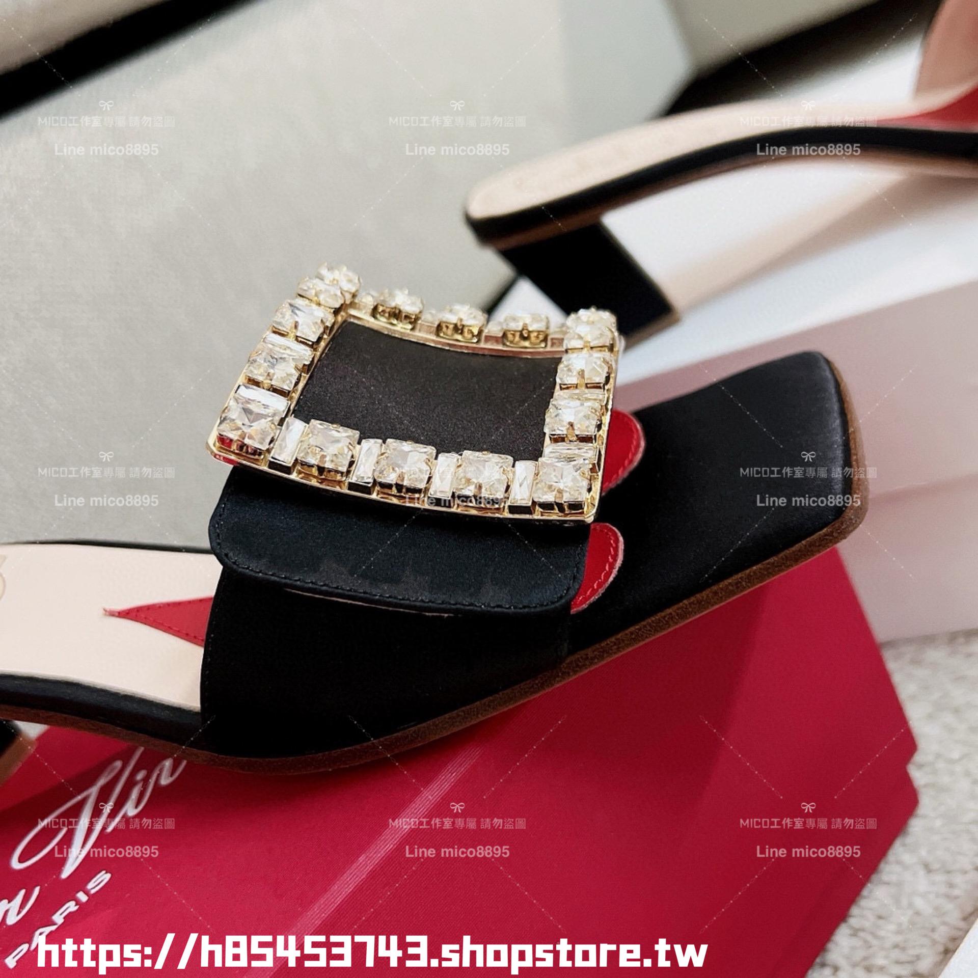 Roger Vivier RV 真絲黑/鑽釦 Biki Love 4.5cm粗跟方釦穆勒拖鞋/涼鞋 35-40