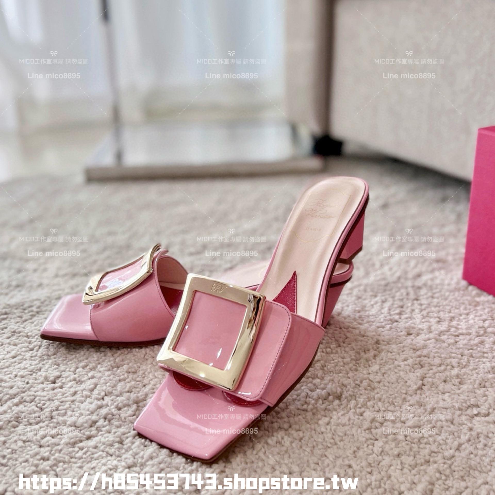 Roger Vivier RV 櫻花粉方釦 Biki Love 4.5cm粗跟方釦穆勒拖鞋/涼鞋 35-40