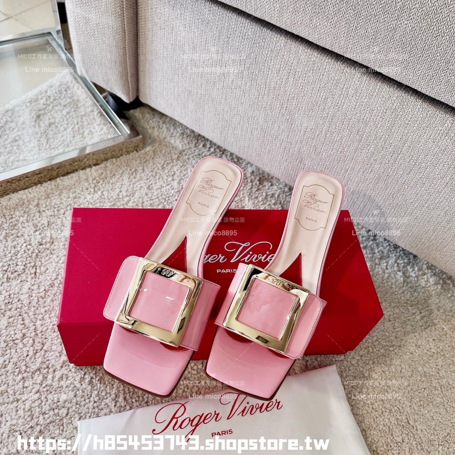 Roger Vivier RV 櫻花粉方釦 Biki Love 4.5cm粗跟方釦穆勒拖鞋/涼鞋 35-40