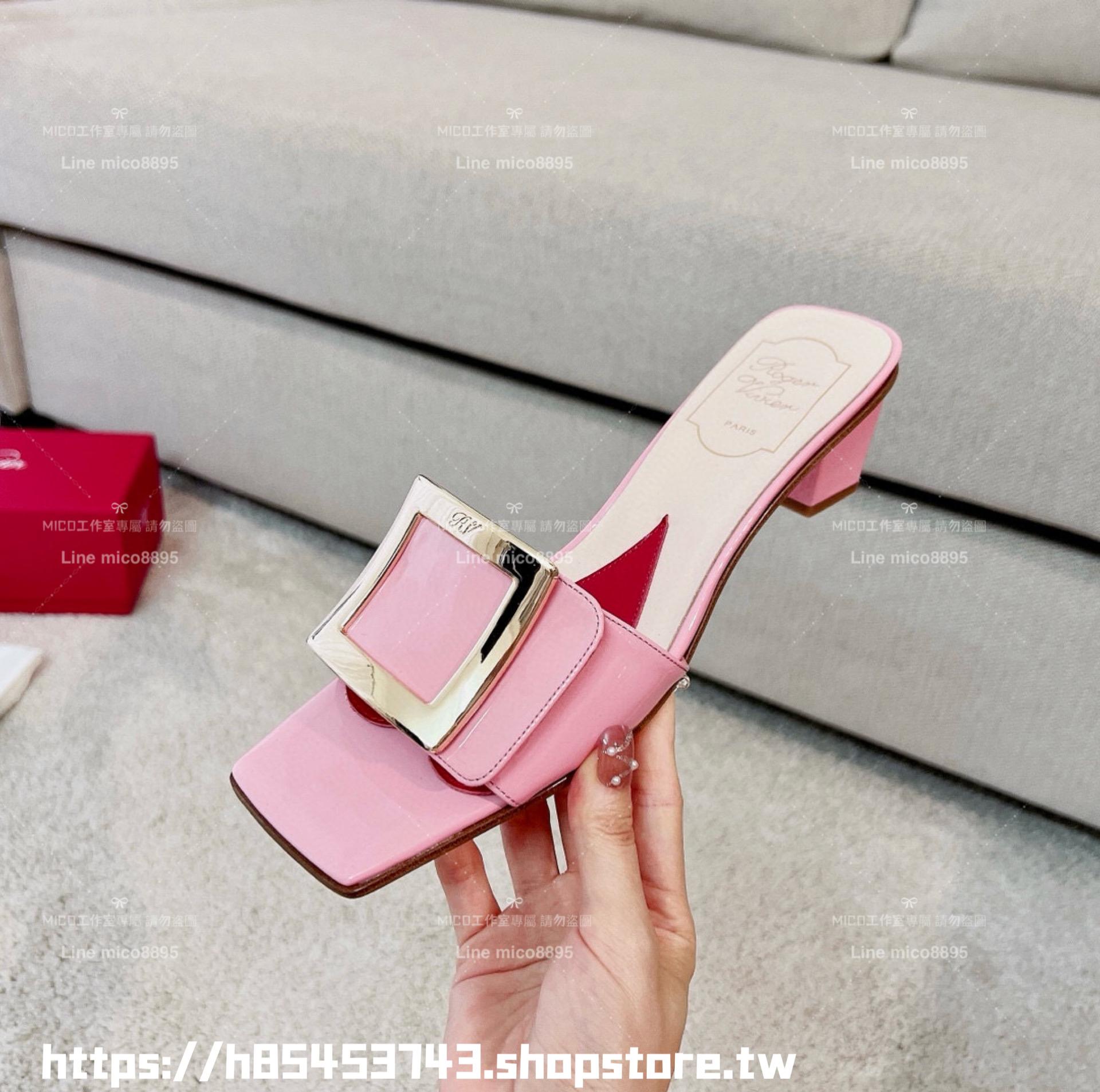 Roger Vivier RV 櫻花粉方釦 Biki Love 4.5cm粗跟方釦穆勒拖鞋/涼鞋 35-40