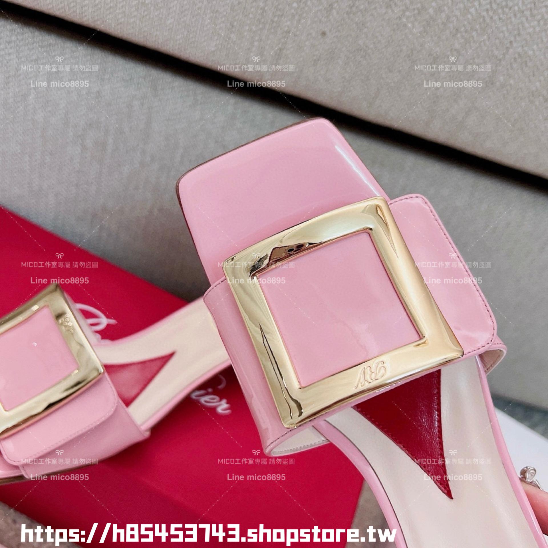 Roger Vivier RV 櫻花粉方釦 Biki Love 4.5cm粗跟方釦穆勒拖鞋/涼鞋 35-40