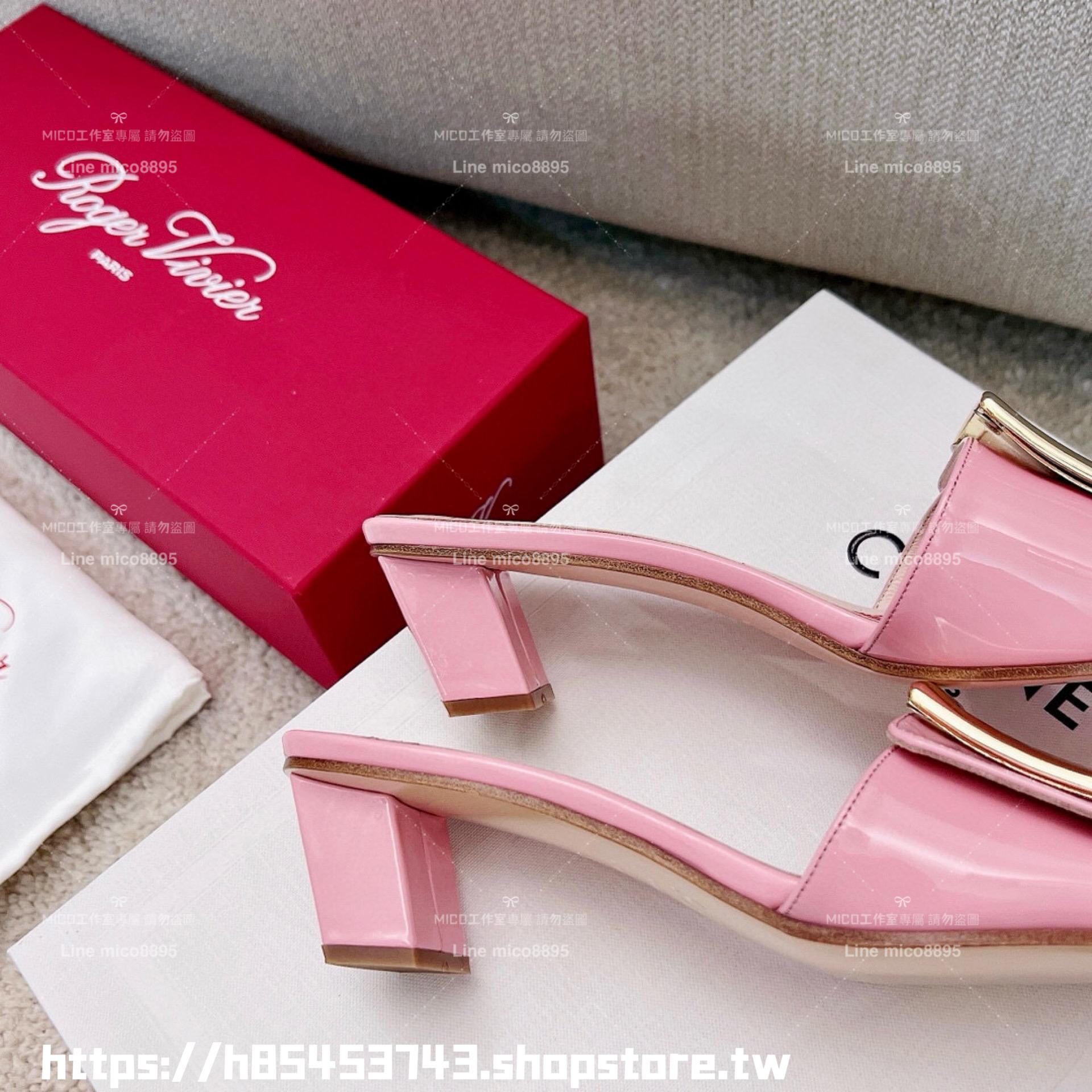 Roger Vivier RV 櫻花粉方釦 Biki Love 4.5cm粗跟方釦穆勒拖鞋/涼鞋 35-40