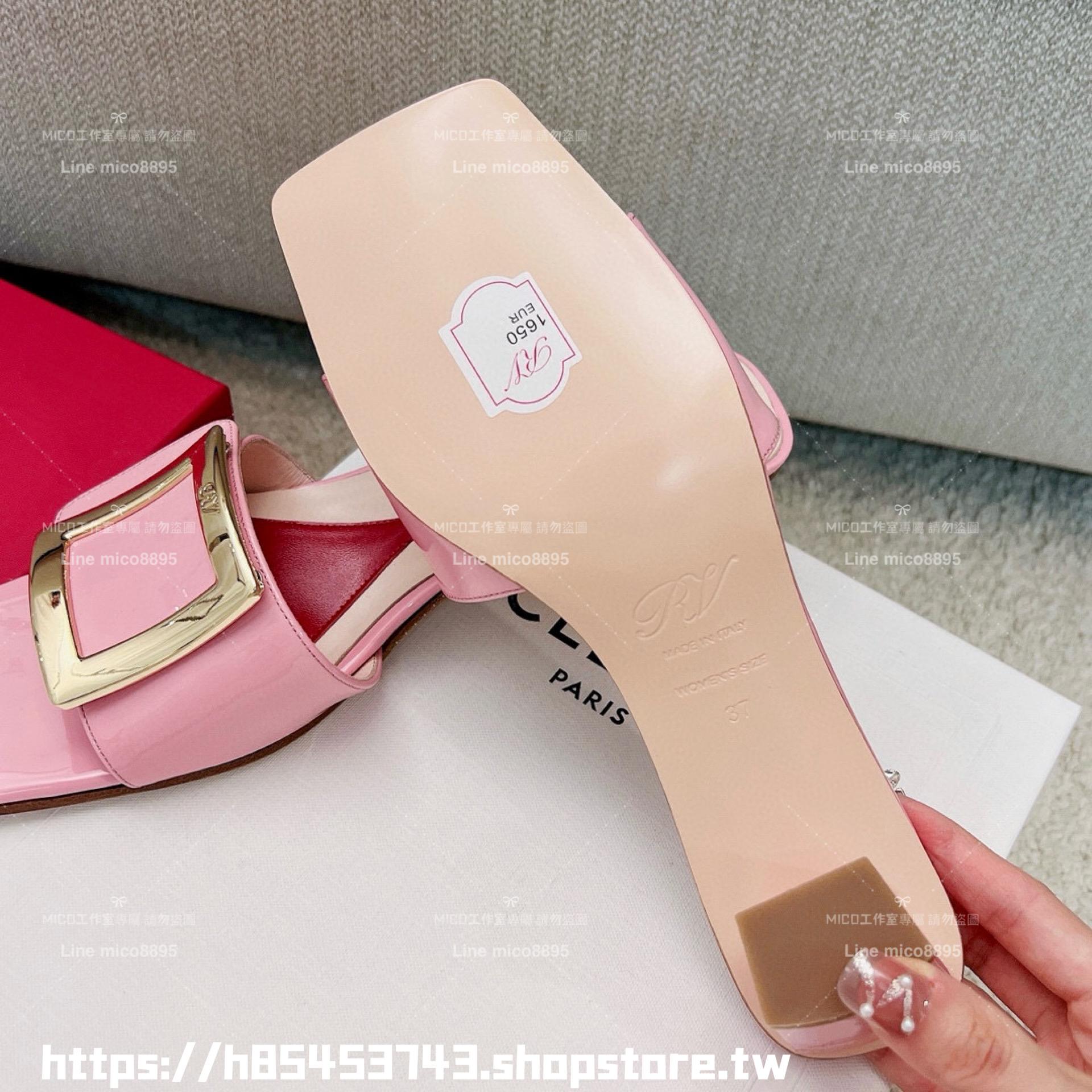 Roger Vivier RV 櫻花粉方釦 Biki Love 4.5cm粗跟方釦穆勒拖鞋/涼鞋 35-40