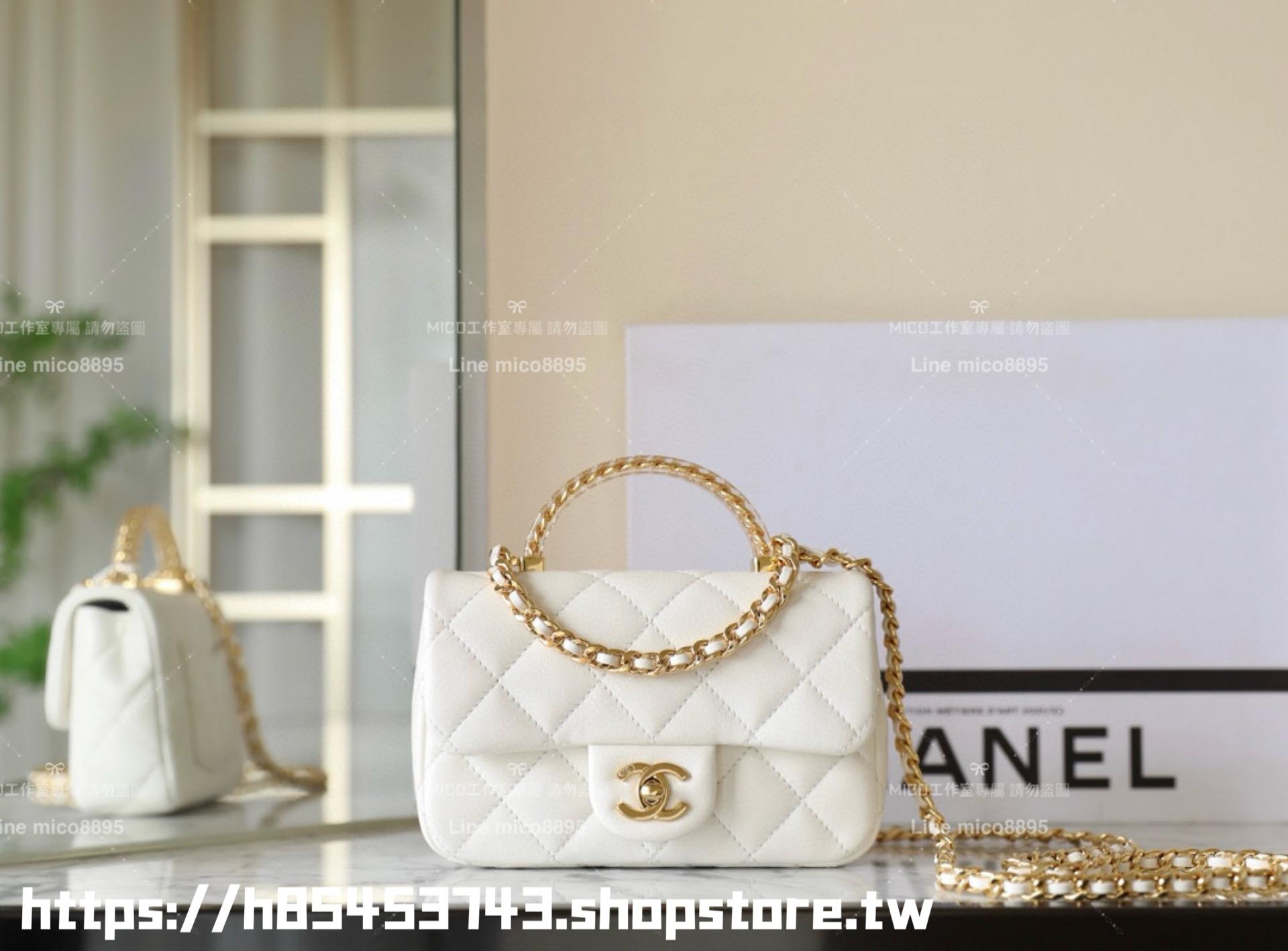 CHANEL 香奈兒 24s 白色/金釦/羊皮 樹脂透明手柄CF口蓋包 miniCF 19cm